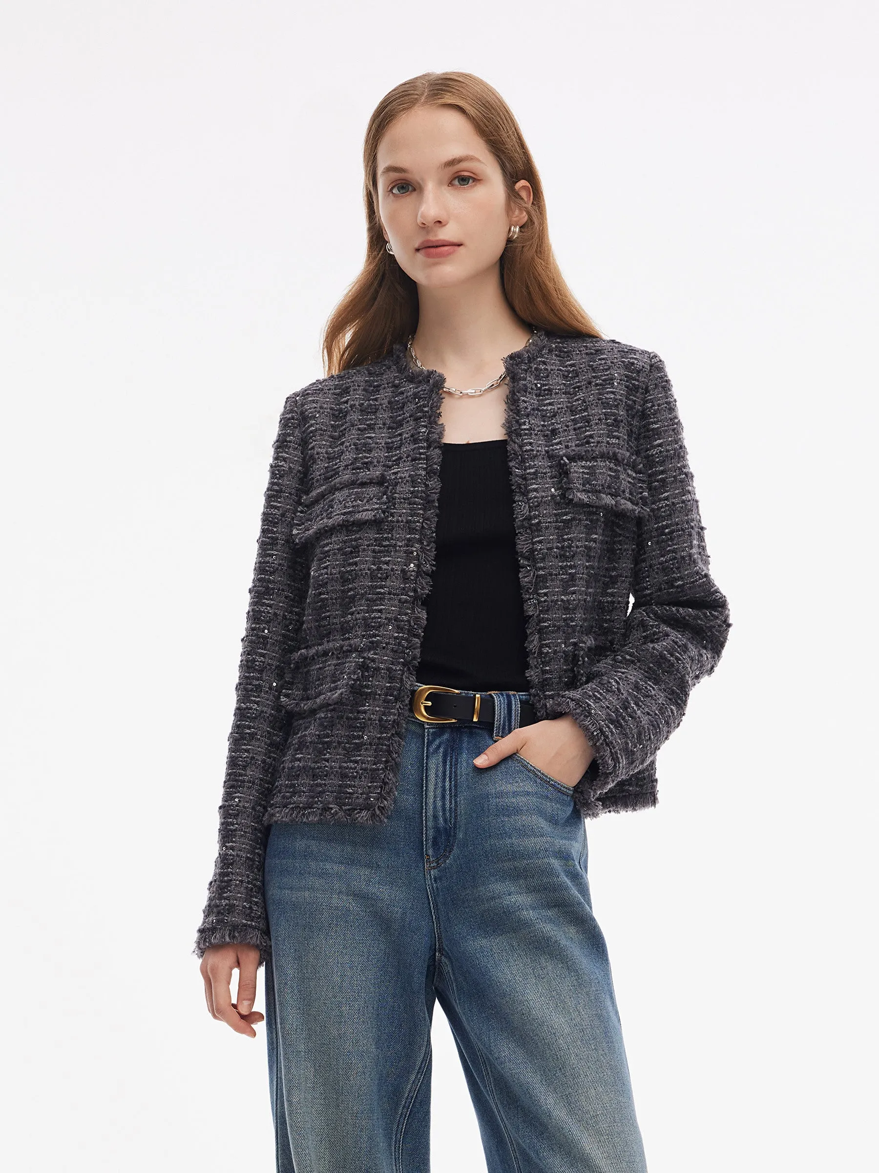 Wool Blend Sequins Tweed Women Frayed Edge Crop Jacket sold by Goelia
