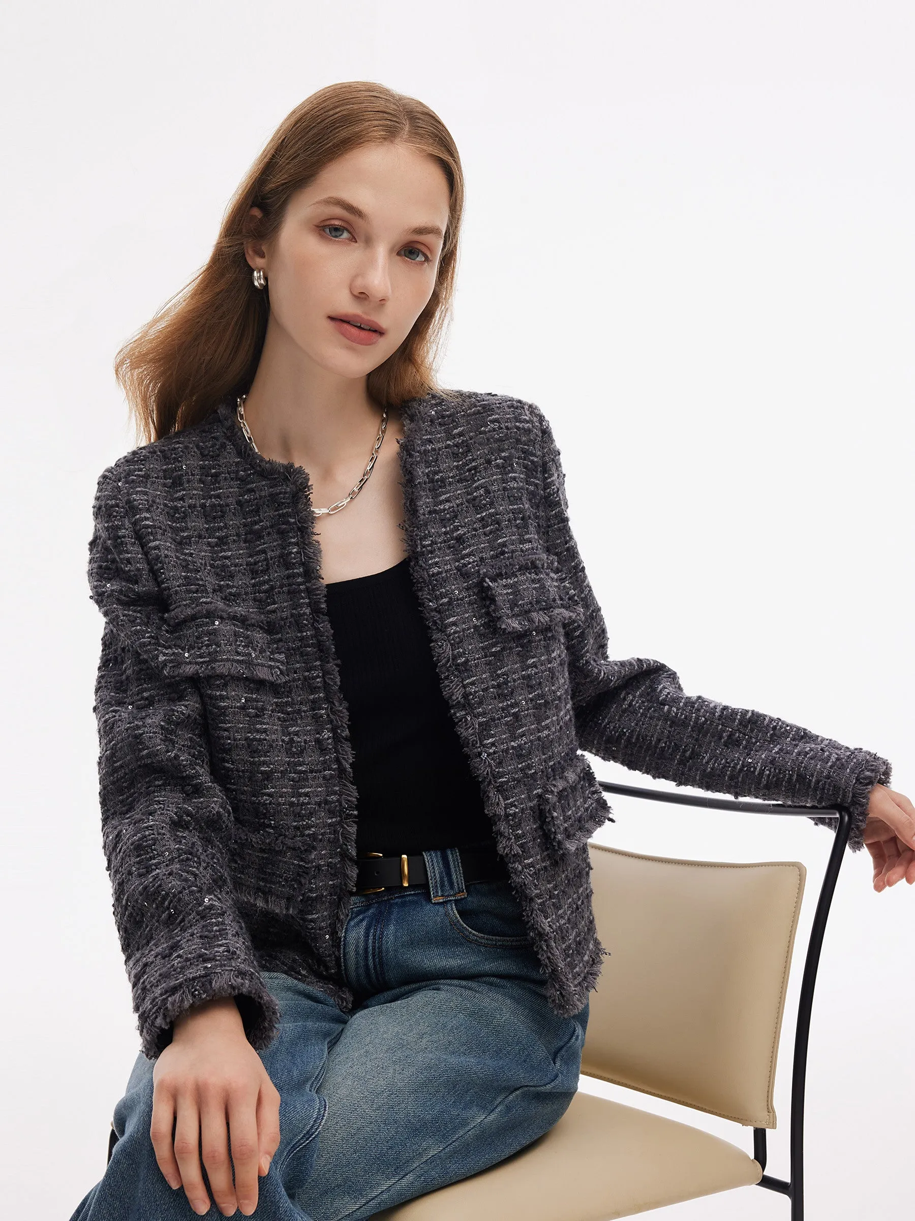 Wool Blend Sequins Tweed Women Frayed Edge Crop Jacket sold by Goelia product image thumbnail 5
