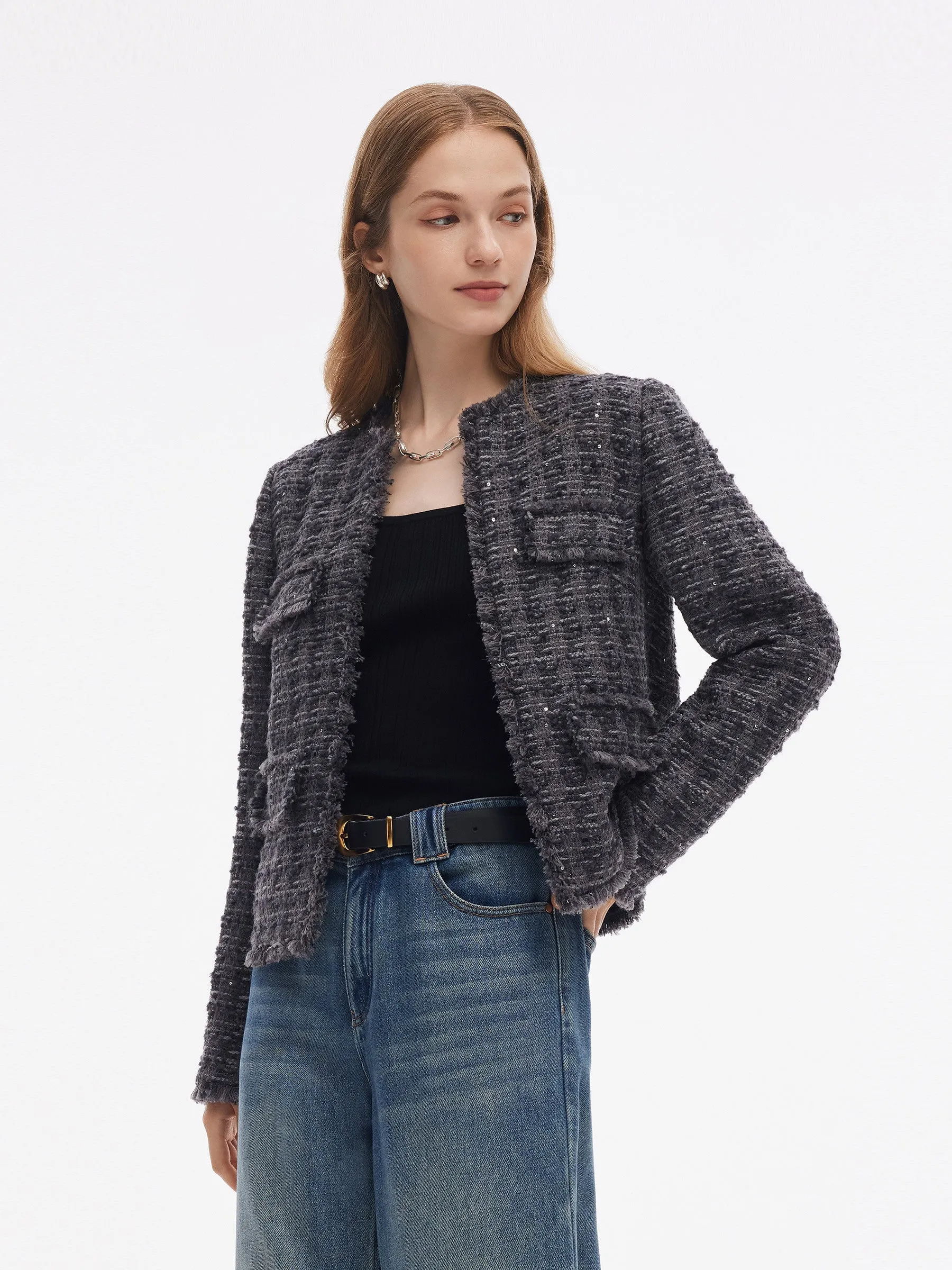 Wool Blend Sequins Tweed Women Frayed Edge Crop Jacket sold by Goelia product image thumbnail 4