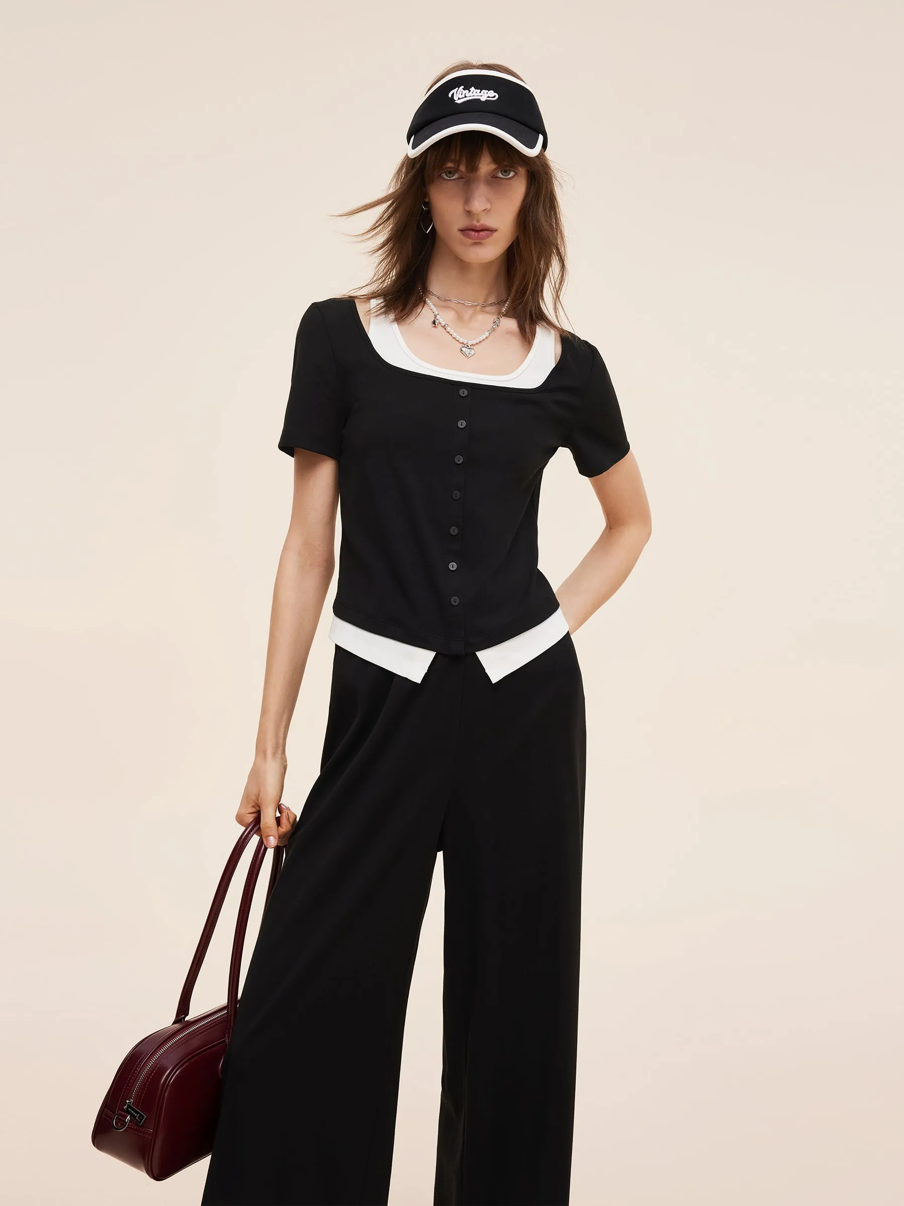 Mock Layered Knit Top And Pants Two-Piece Set sold by Goelia product image thumbnail 5