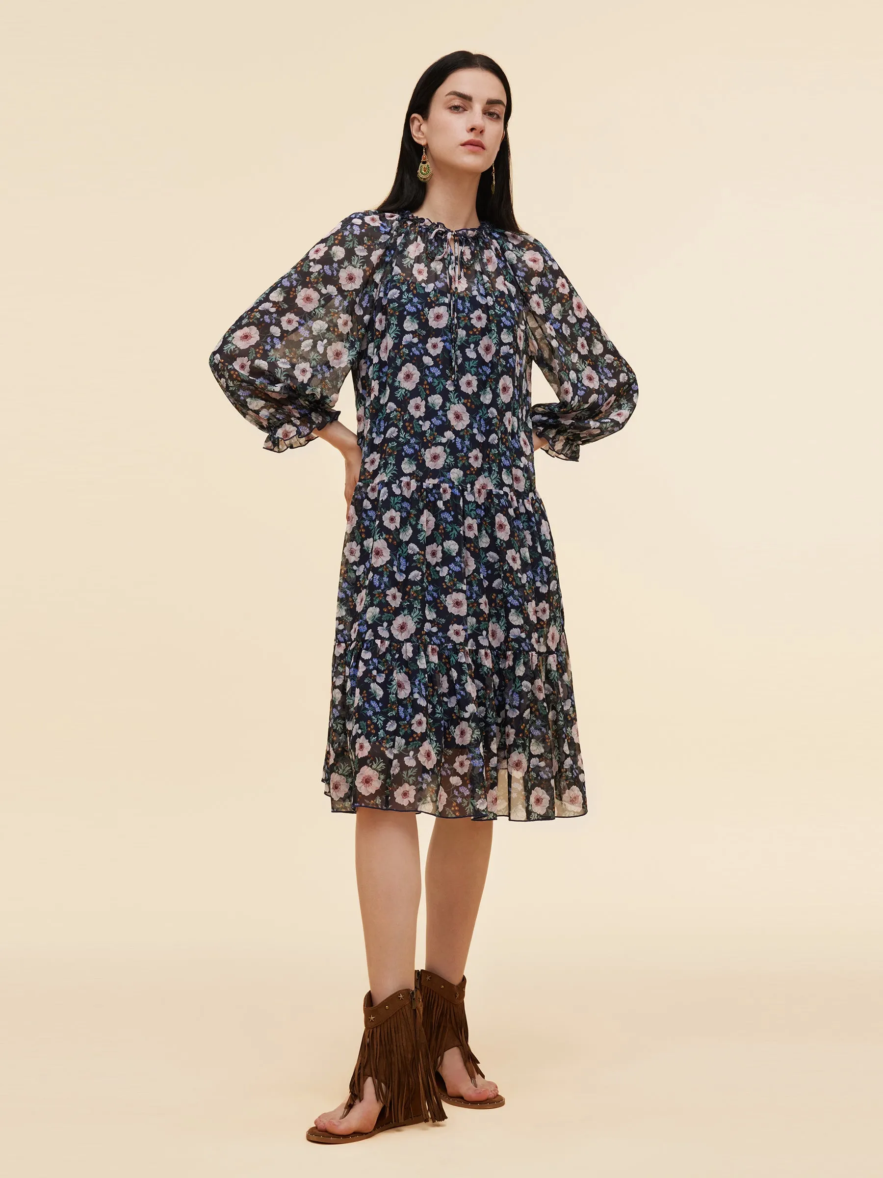 10MM Mulberry Silk Floral Print Women Ruffle Collar Midi Dress sold by Goelia product image thumbnail 5