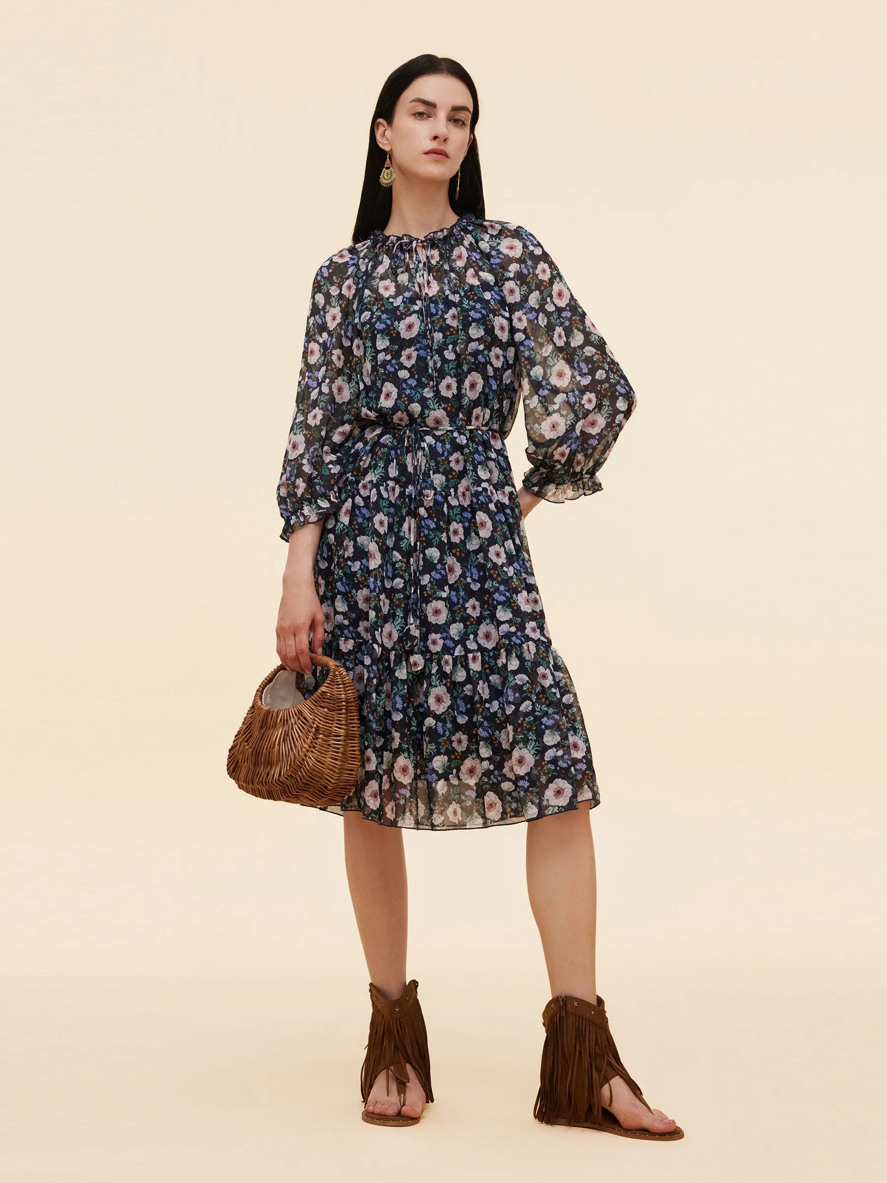 10MM Mulberry Silk Floral Print Women Ruffle Collar Midi Dress sold by Goelia