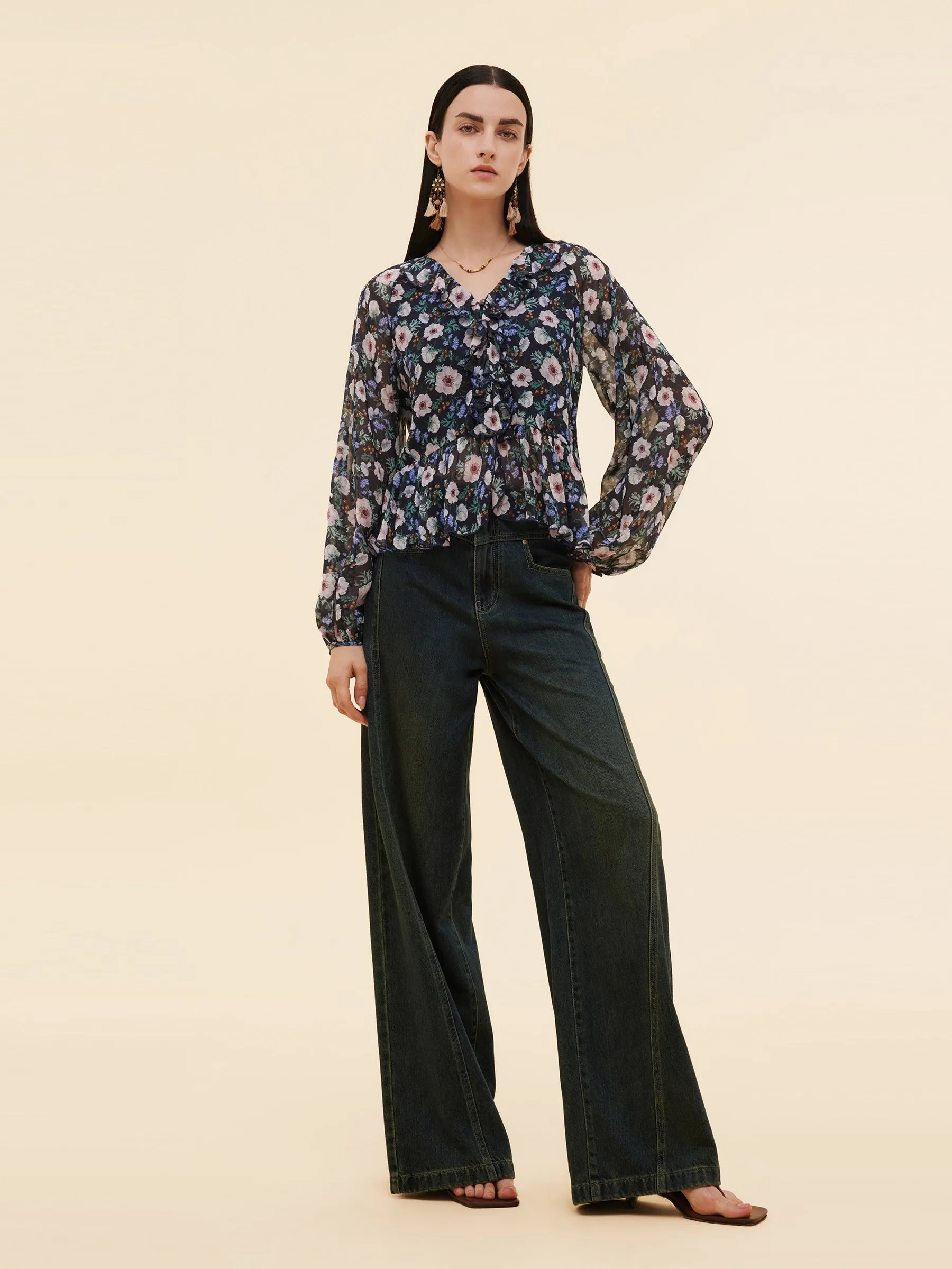 10MM Mulberry Silk Floral Print Women Ruffle V-Neck Blouse sold by Goelia product image thumbnail 2