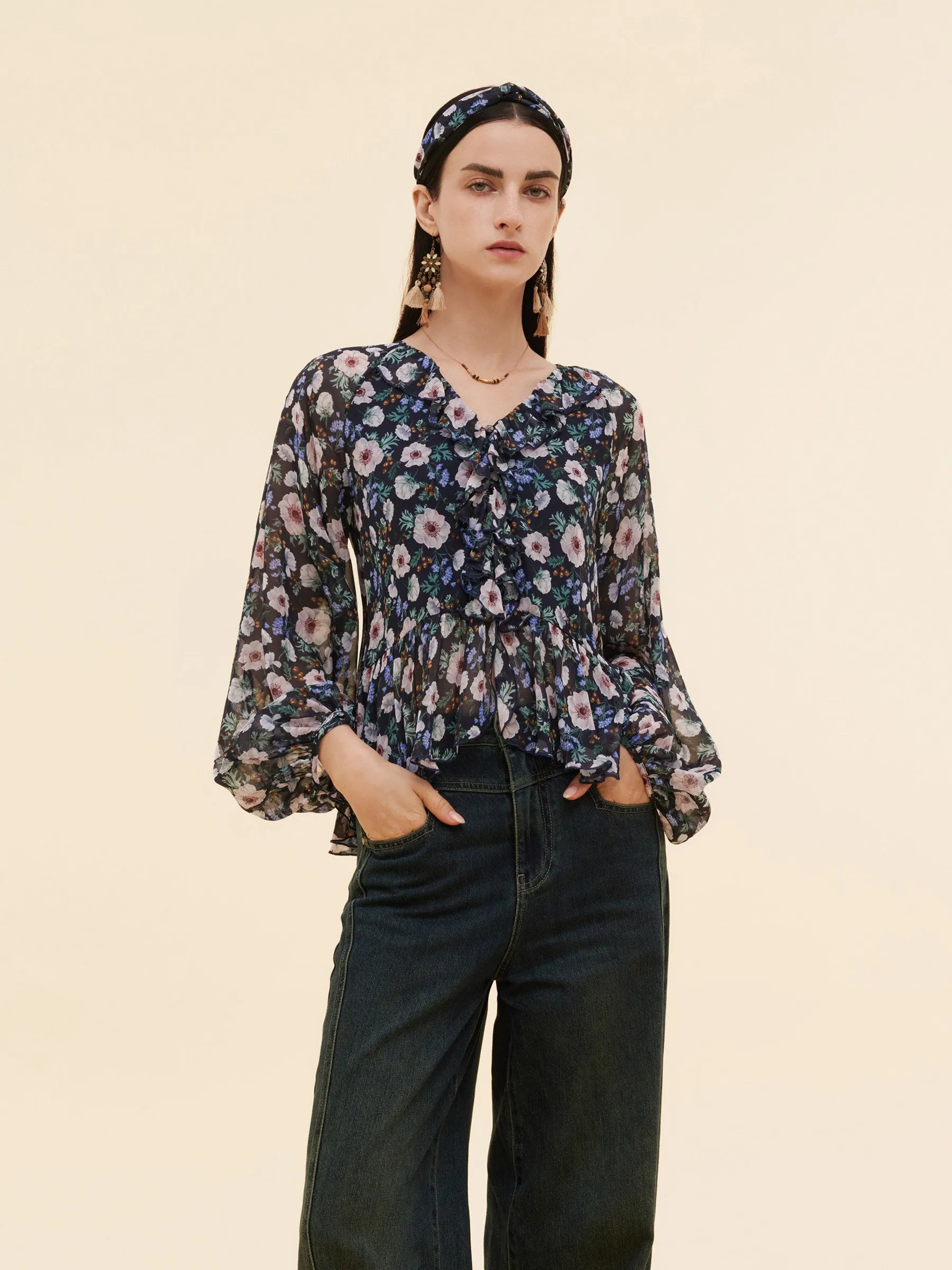 10MM Mulberry Silk Floral Print Women Ruffle V-Neck Blouse sold by Goelia