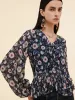 10MM Mulberry Silk Floral Print Women Ruffle V-Neck Blouse sold by Goelia