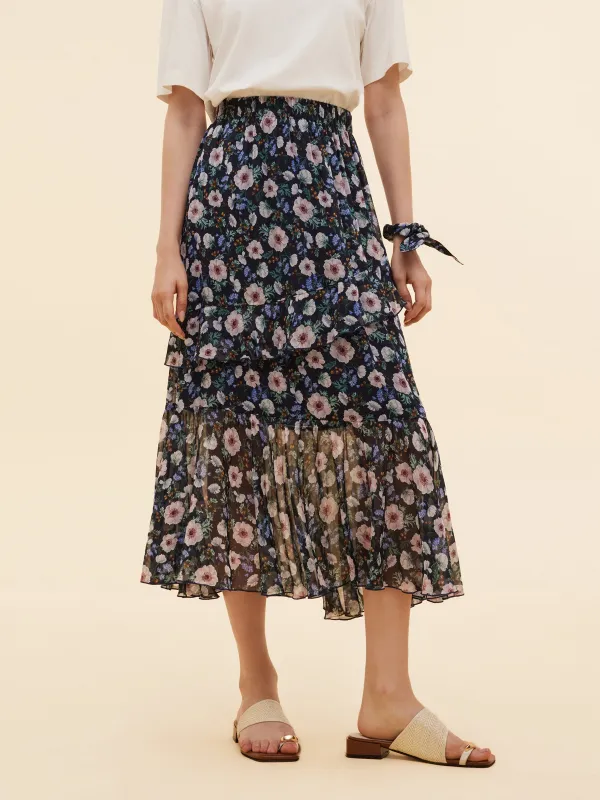 10MM Mulberry Silk Floral Print Women Tiered Skirt sold by Goelia
