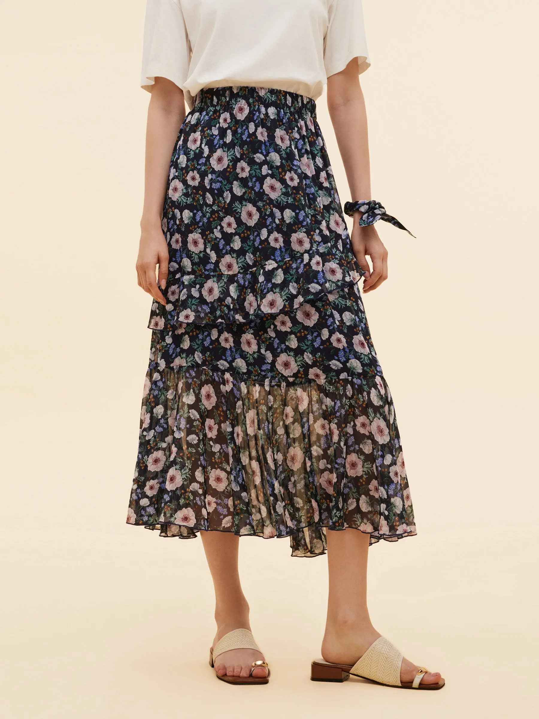 10MM Mulberry Silk Floral Print Women Tiered Skirt sold by Goelia