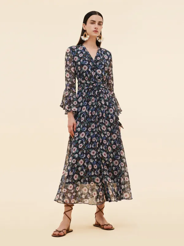 10MM Mulberry Silk Floral Print Women V-Neck Maxi Dress sold by Goelia