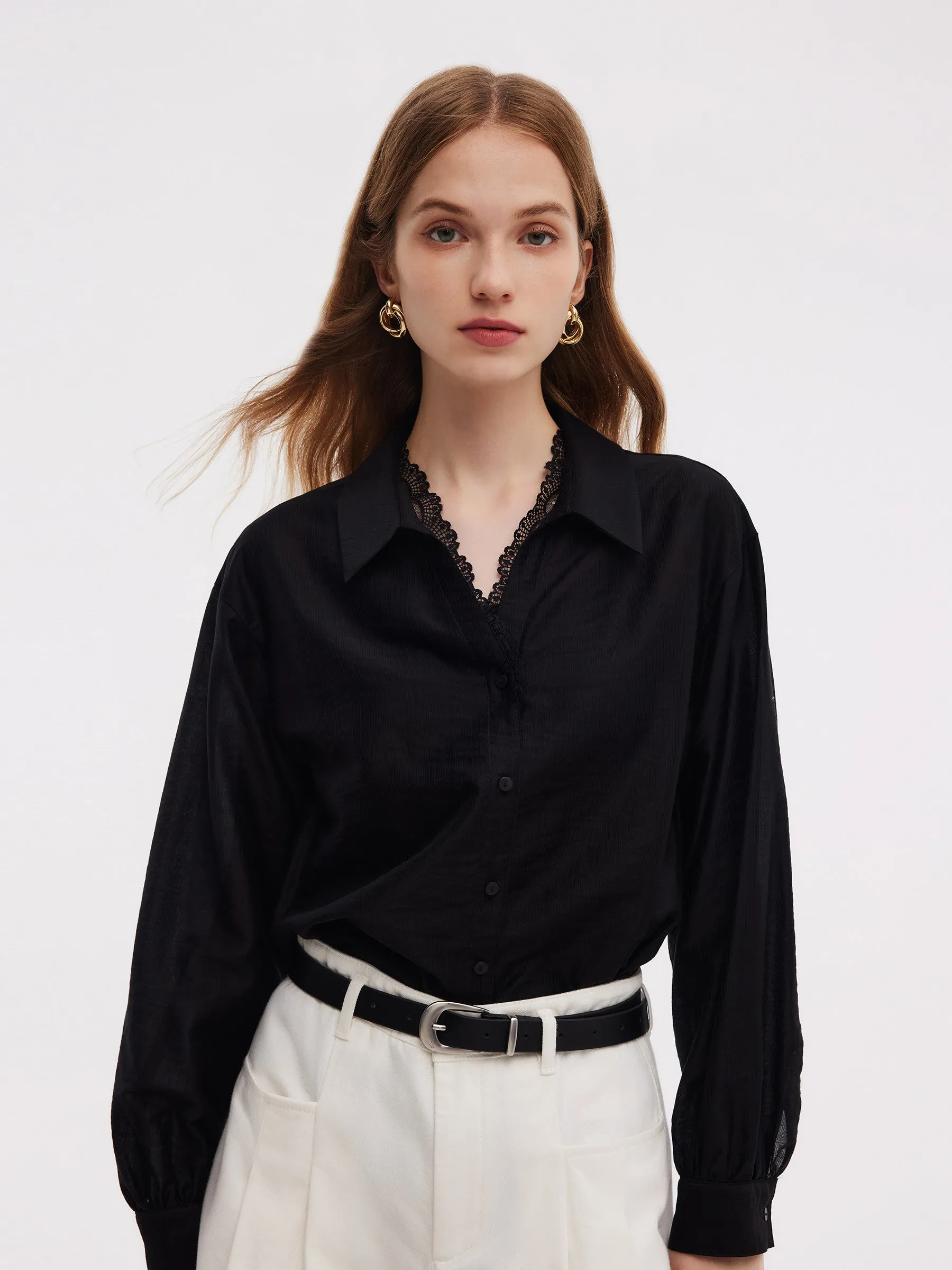 Tencel Blend Lace V-Neck Women Mock Layered Shirt sold by Goelia