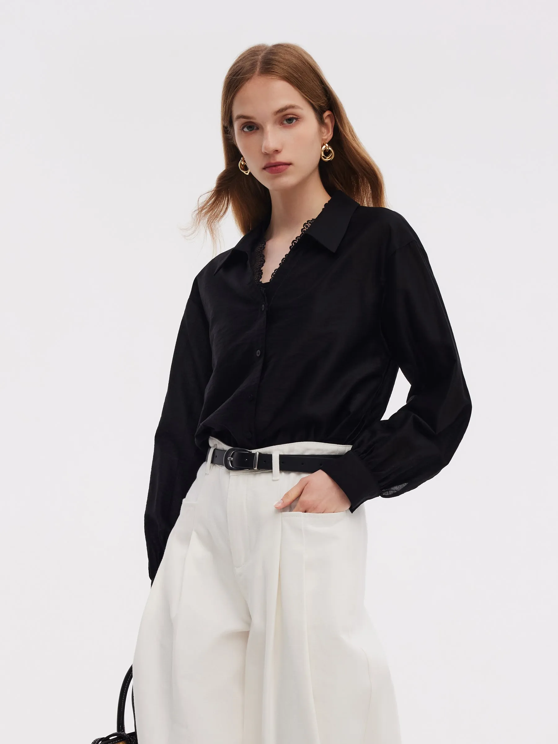 Tencel Blend Lace V-Neck Women Mock Layered Shirt sold by Goelia product image thumbnail 5