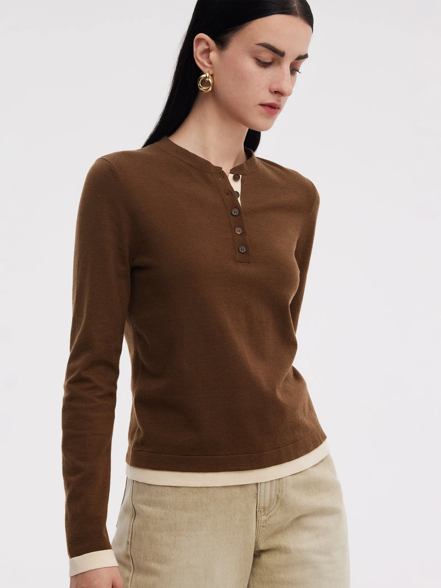 Tencel Wool Blend Color Block Women Mock Layered Knit Top sold by Goelia product image thumbnail 4