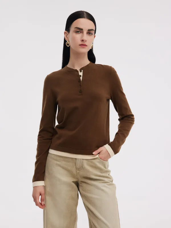 Tencel Wool Blend Color Block Women Mock Layered Knit Top sold by Goelia