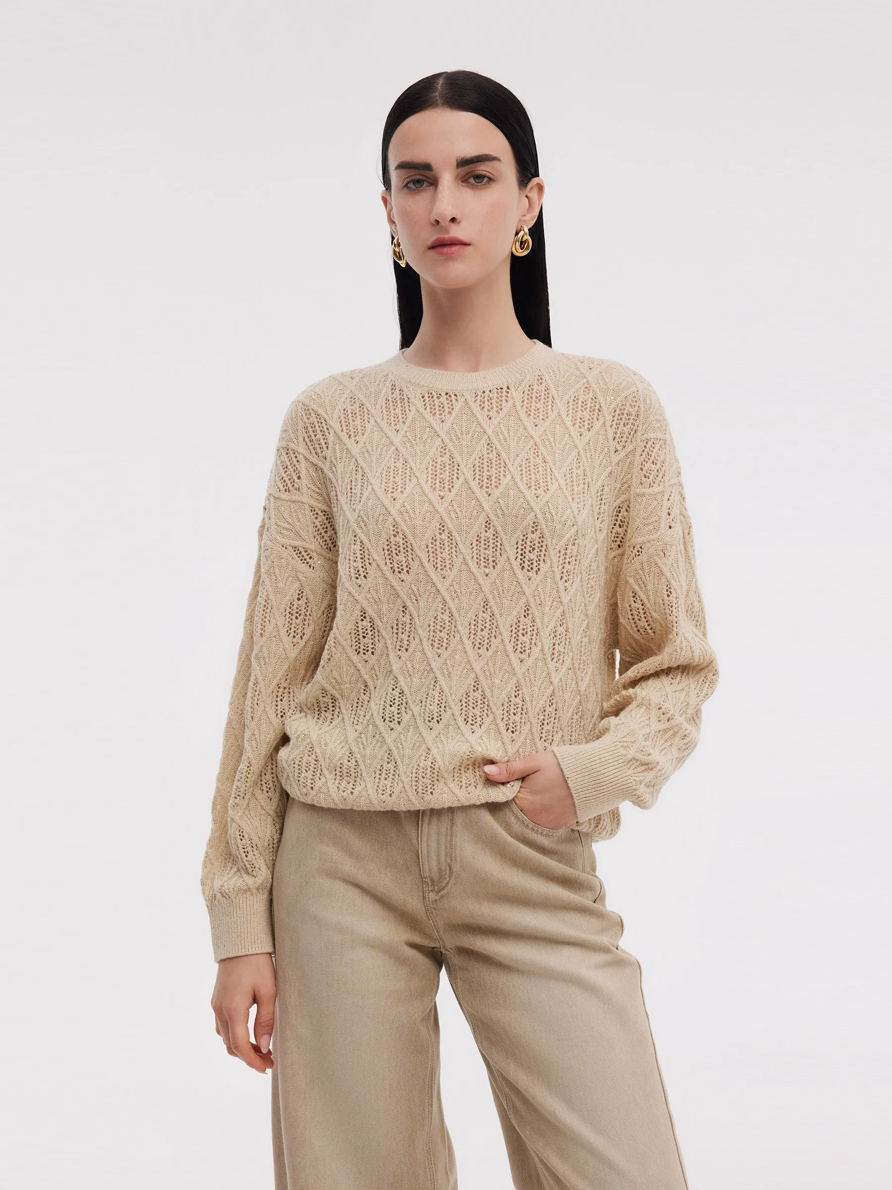 Wool Blend Sequins Women Openwork Sweater sold by Goelia