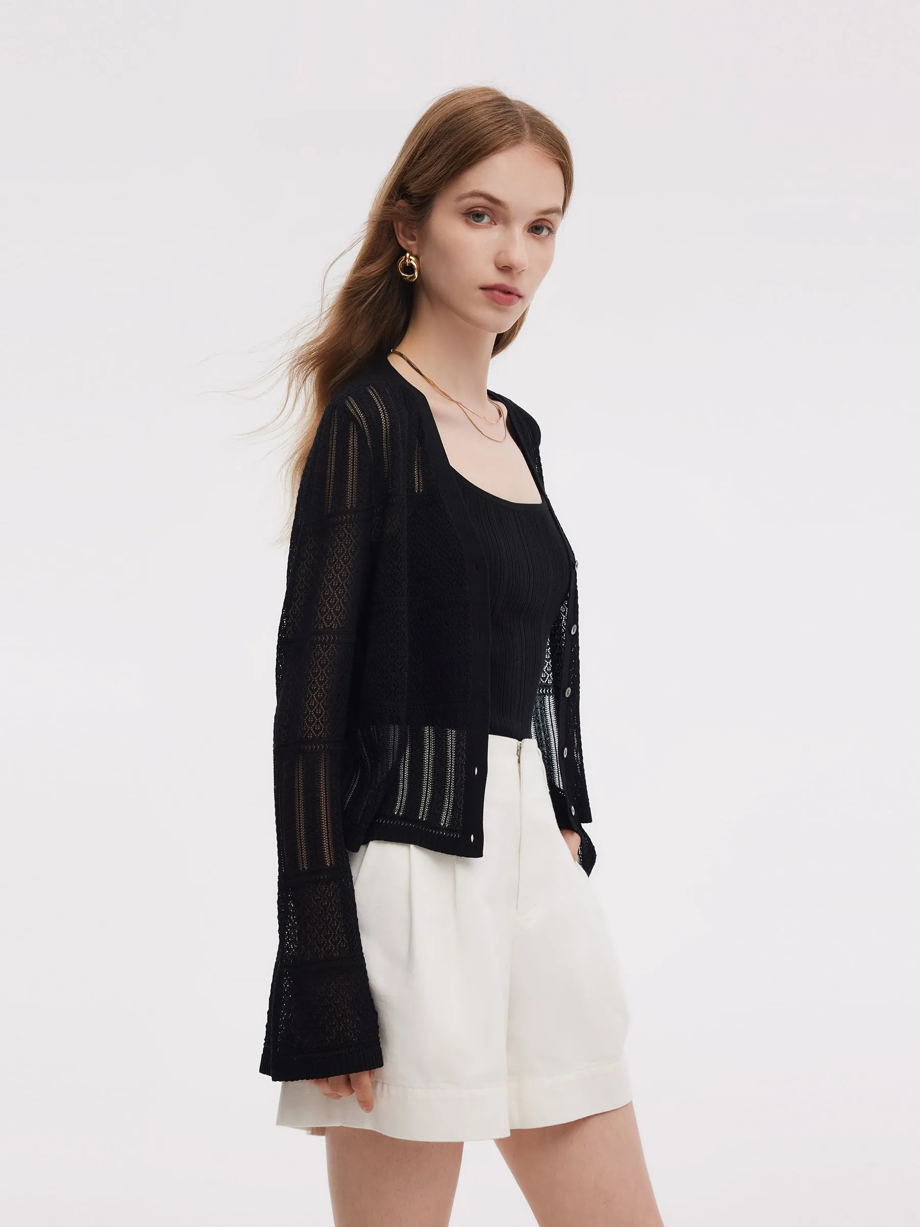 Tencel Blend Openwork Women Flared Sleeve Cardigan sold by Goelia product image thumbnail 4