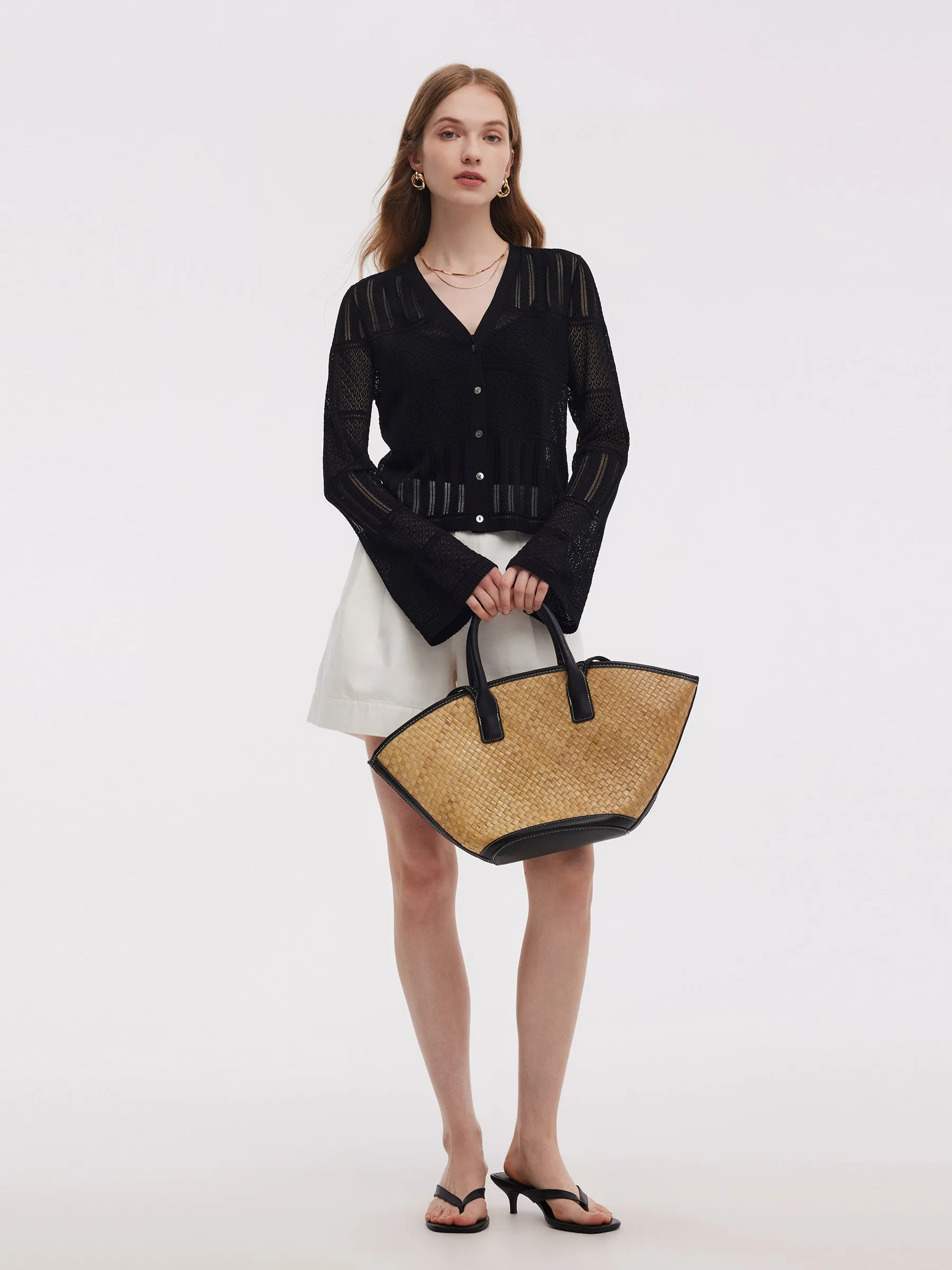 Tencel Blend Openwork Women Flared Sleeve Cardigan sold by Goelia product image thumbnail 2