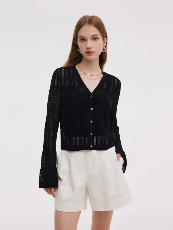 Tencel Blend Openwork Women Flared Sleeve Cardigan sold by Goelia