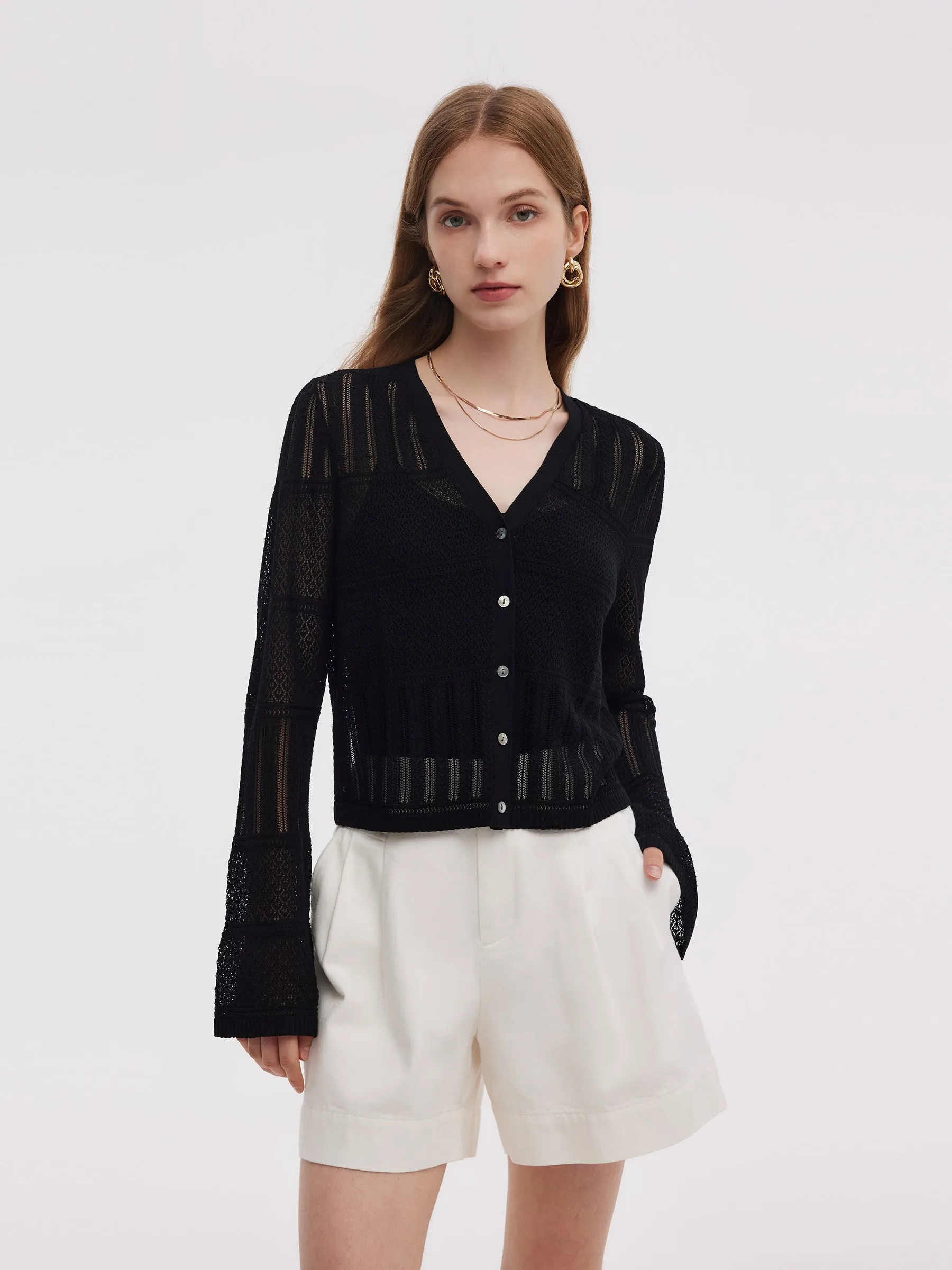 Tencel Blend Openwork Women Flared Sleeve Cardigan sold by Goelia