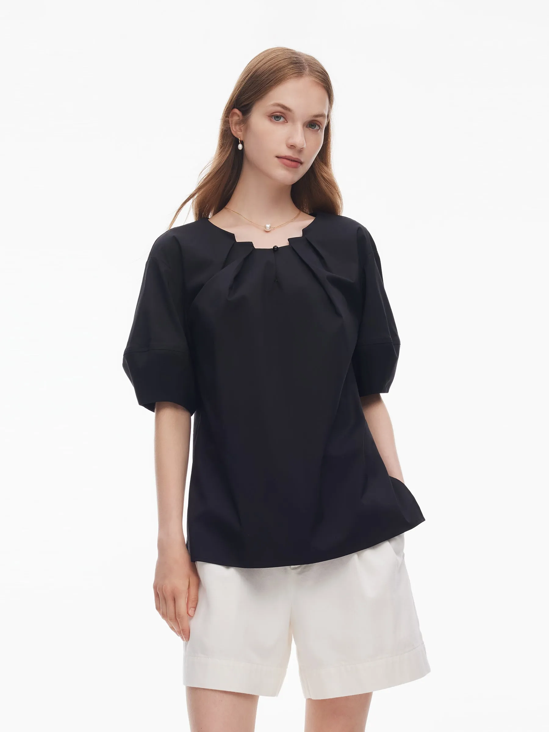 Pleated Neck Women Side Slit Top sold by Goelia