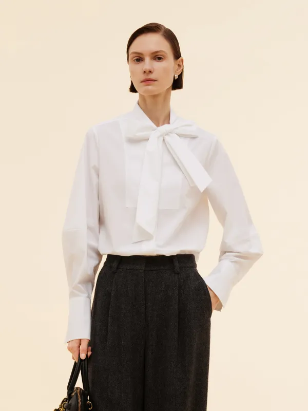 Bow Tie Front Balloon Sleeve Women Loose Shirt sold by Goelia