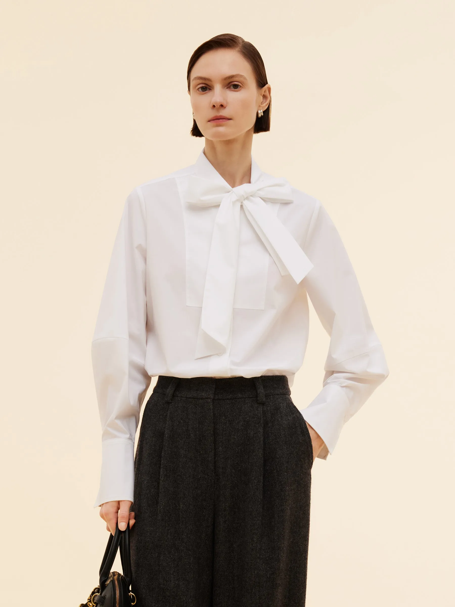 Bow Tie Front Balloon Sleeve Women Loose Shirt sold by Goelia