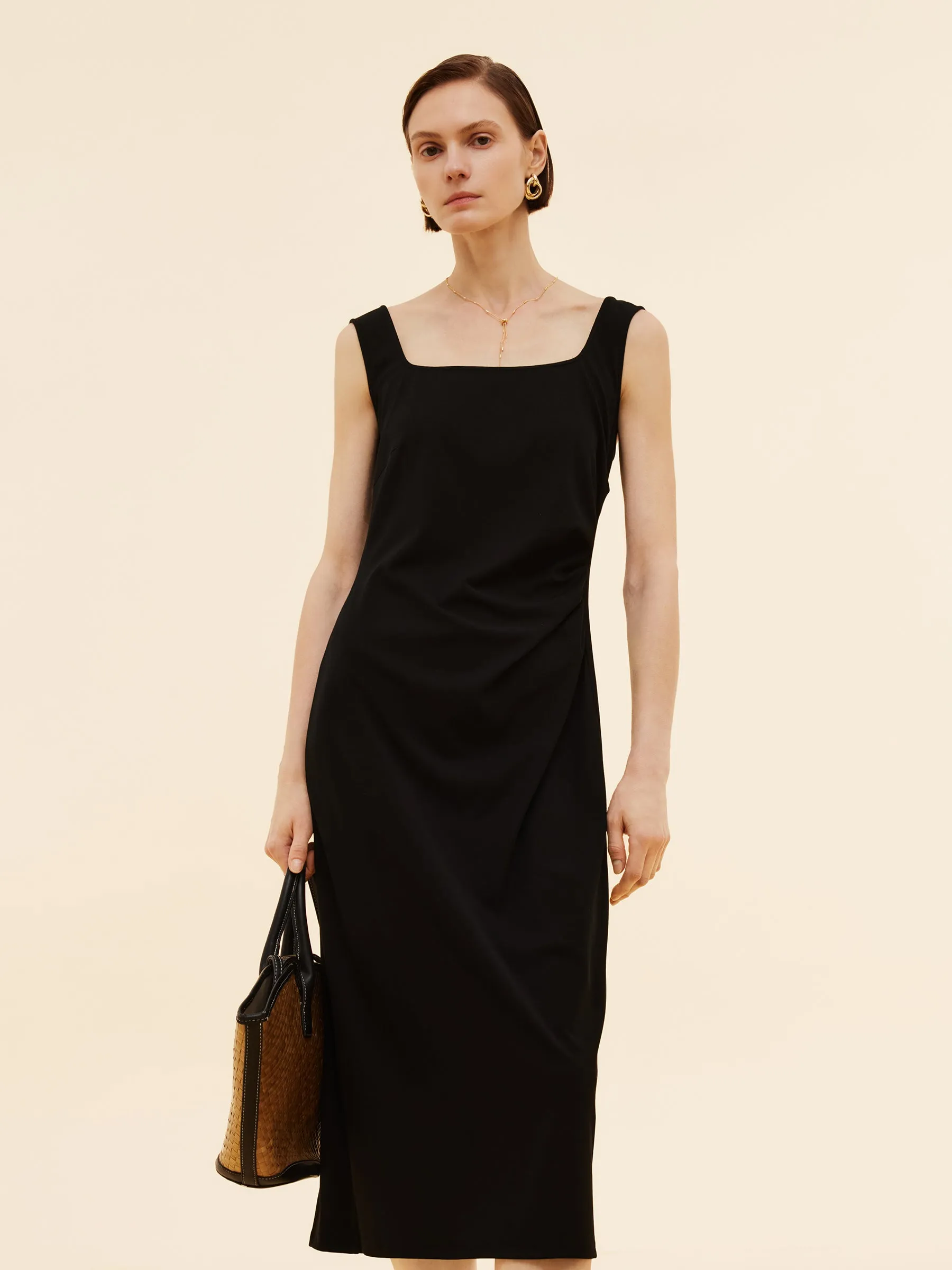 Side Pleat Square Neck Women Sleeveless Knit Maxi Dress sold by Goelia product image thumbnail 4