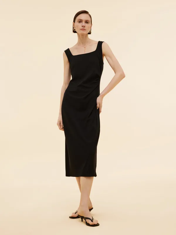 Side Pleat Square Neck Women Sleeveless Knit Maxi Dress sold by Goelia