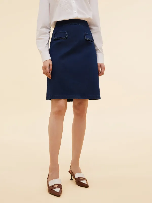 Denim Handwoven Trim Women A-Line Skirt sold by Goelia