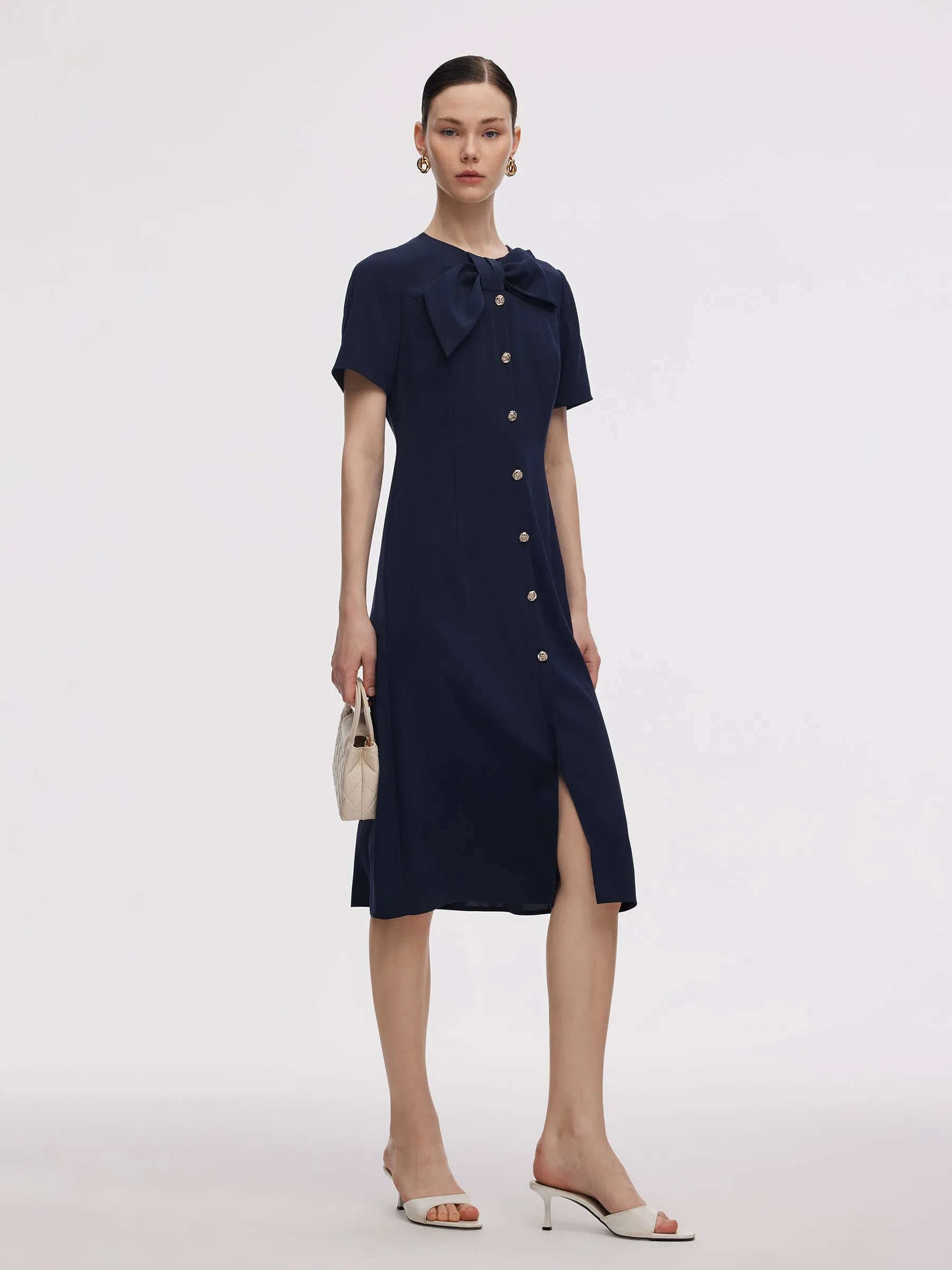 Triacetate Bowknot Women Gathered Waist Midi Dress sold by Goelia product image thumbnail 2