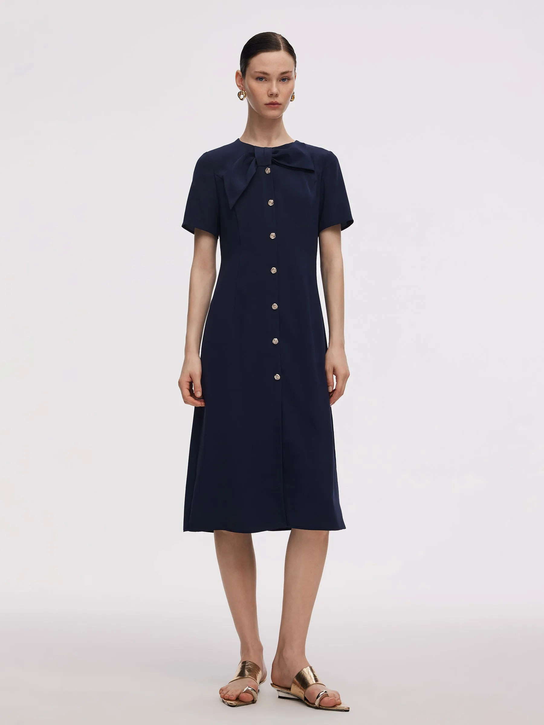 Triacetate Bowknot Women Gathered Waist Midi Dress sold by Goelia