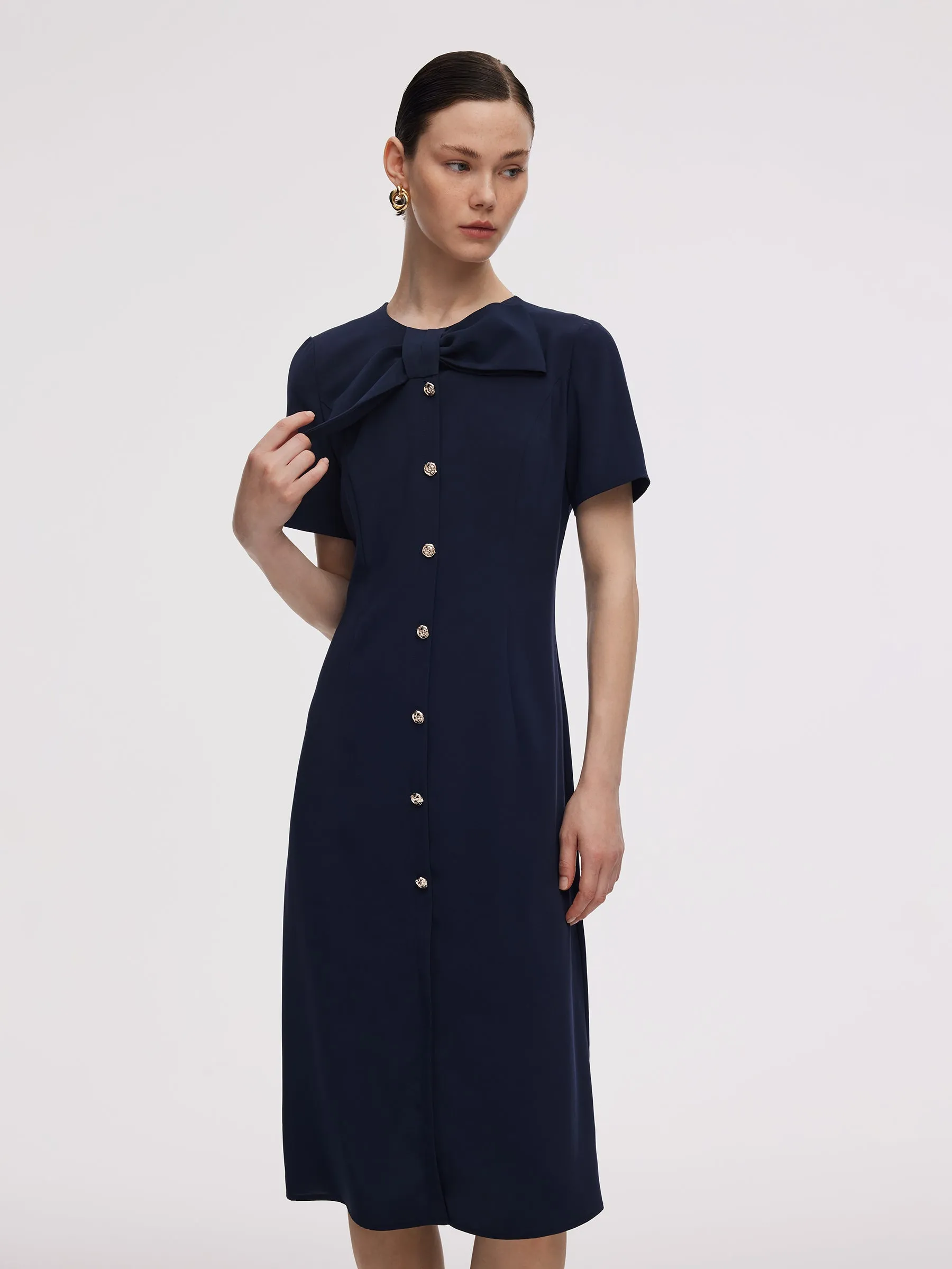 Triacetate Bowknot Women Gathered Waist Midi Dress sold by Goelia product image thumbnail 4
