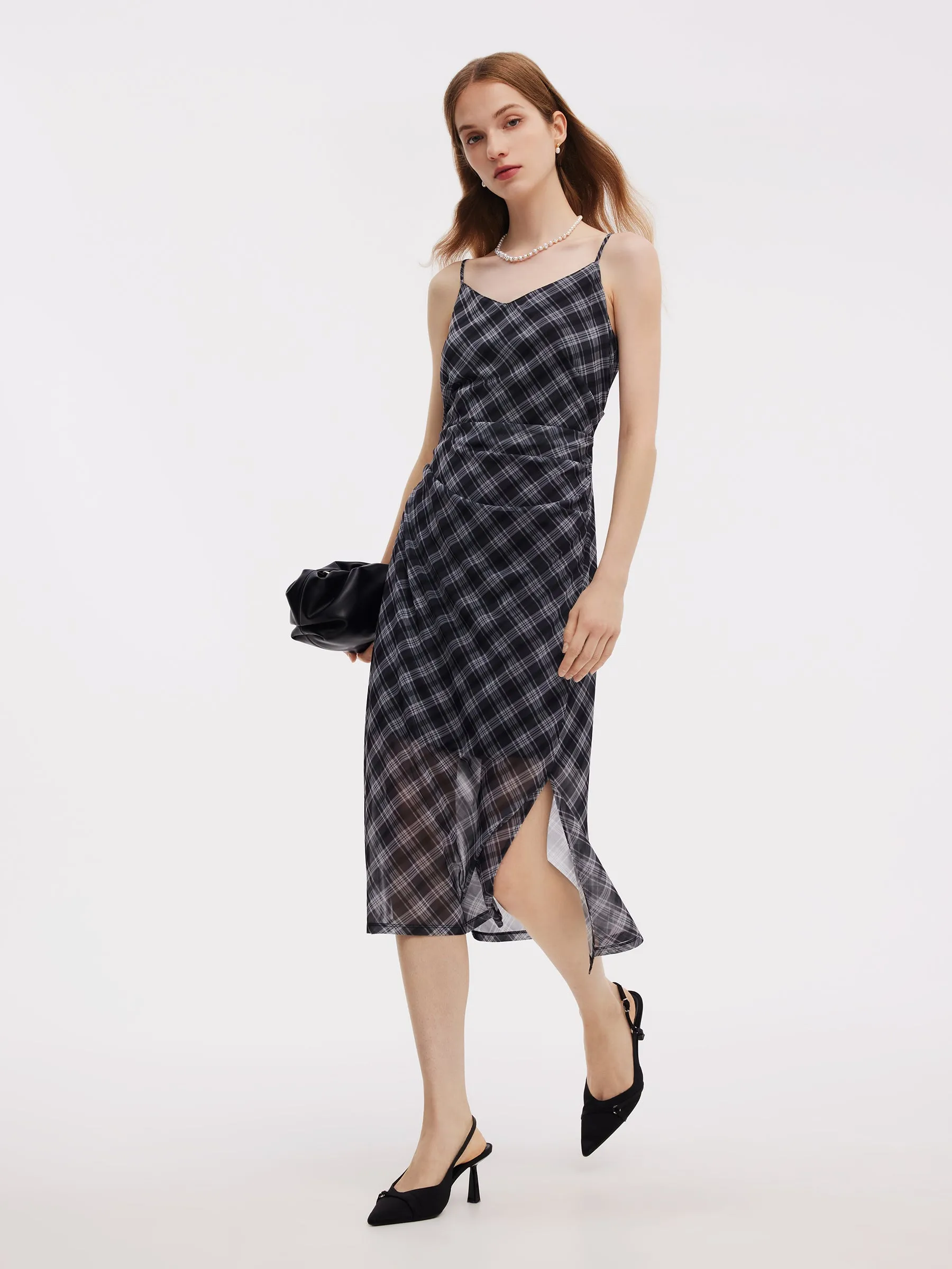 Plaid Adjustable Straps Slip Midi Dress And Cardigan Two-Piece Set sold by Goelia product image thumbnail 5