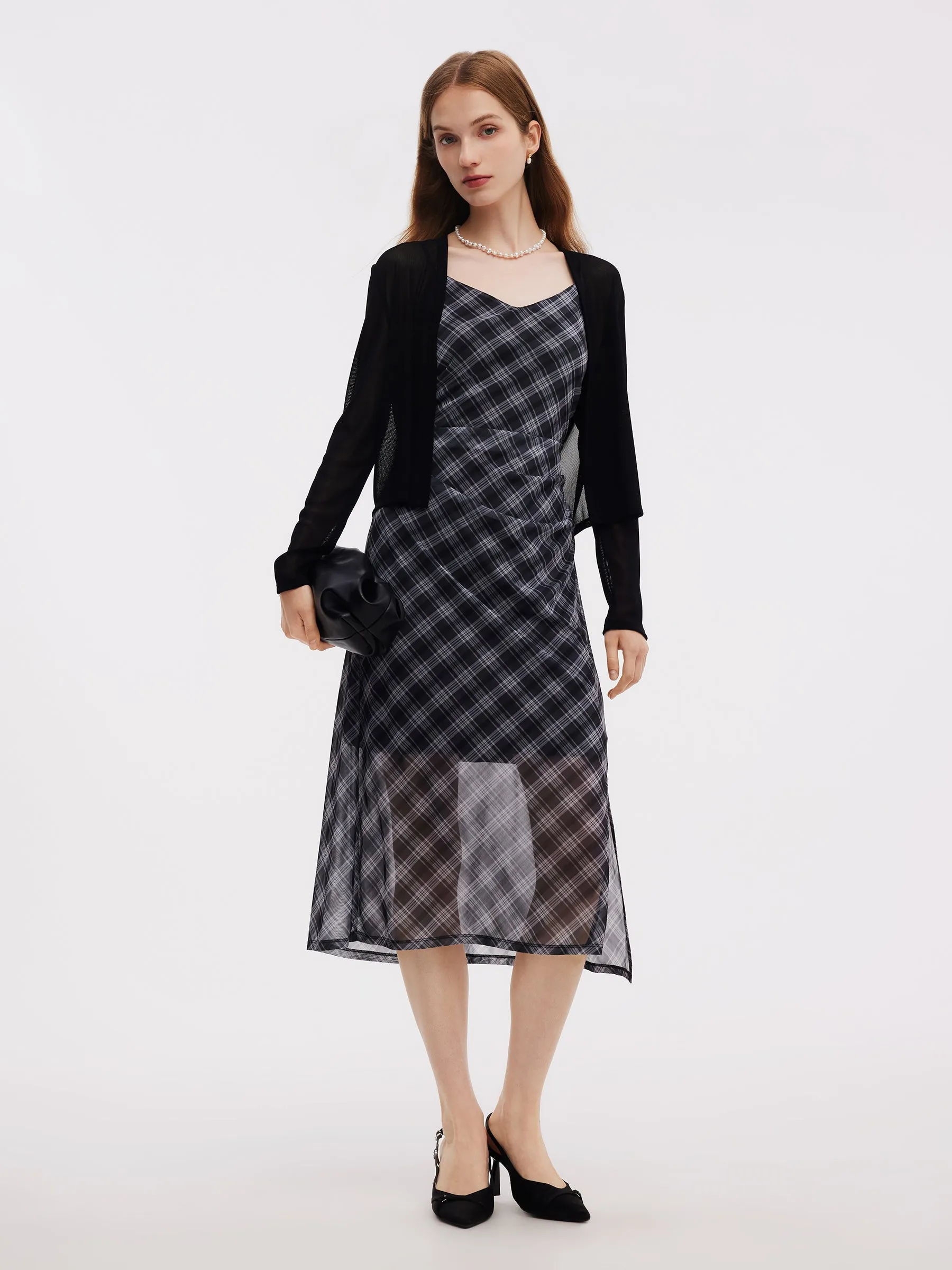 Plaid Adjustable Straps Slip Midi Dress And Cardigan Two-Piece Set sold by Goelia product image thumbnail 3