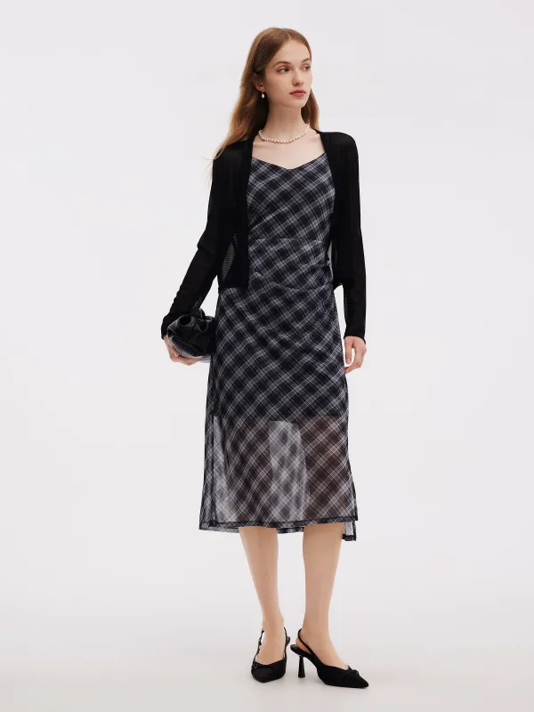 Plaid Adjustable Straps Slip Midi Dress And Cardigan Two-Piece Set sold by Goelia