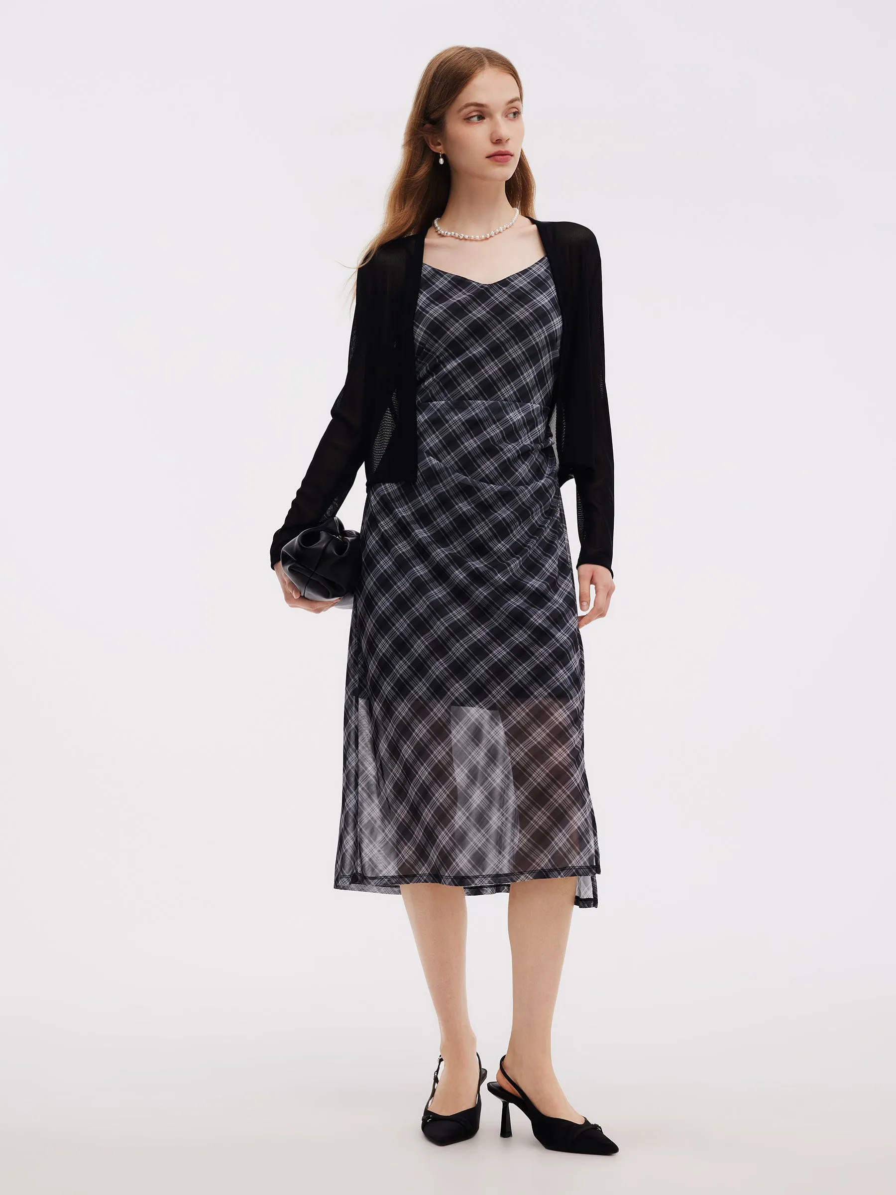 Plaid Adjustable Straps Slip Midi Dress And Cardigan Two-Piece Set sold by Goelia