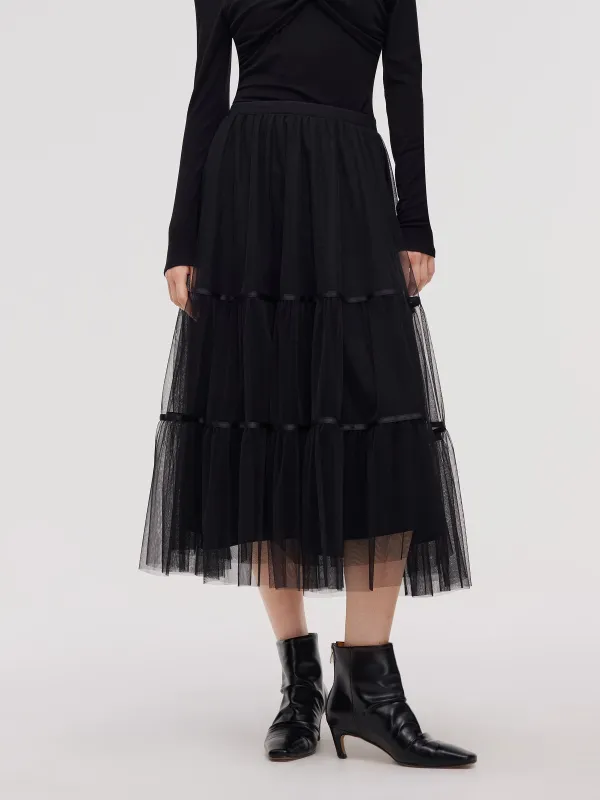 Mesh Tiered Women Elastic Waist Skirt sold by Goelia