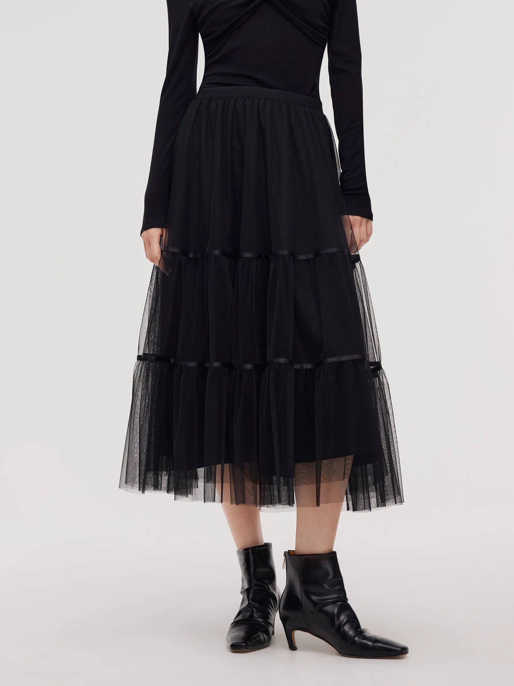 Mesh Tiered Women Elastic Waist Skirt sold by Goelia