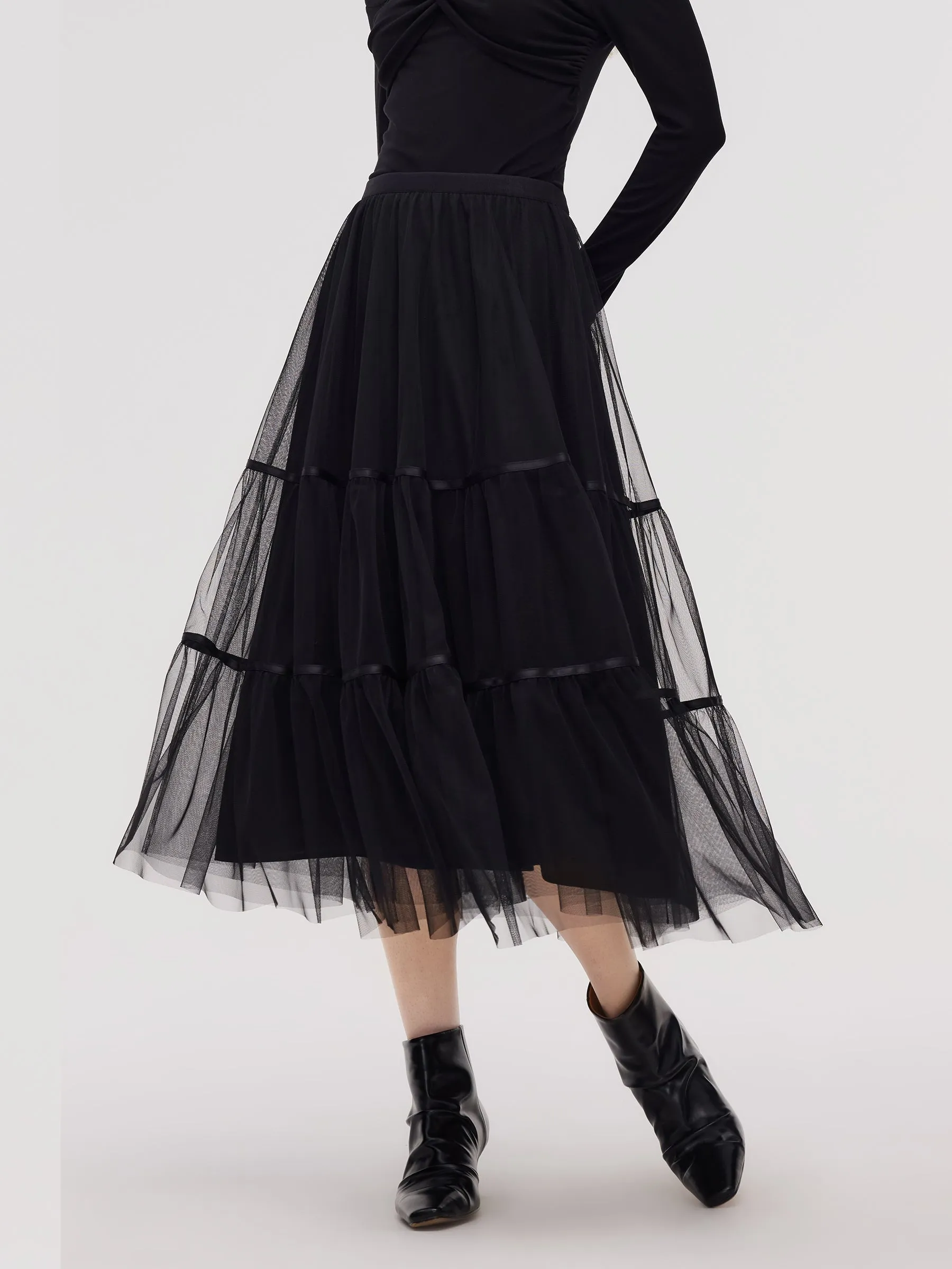 Mesh Tiered Women Elastic Waist Skirt sold by Goelia product image thumbnail 5