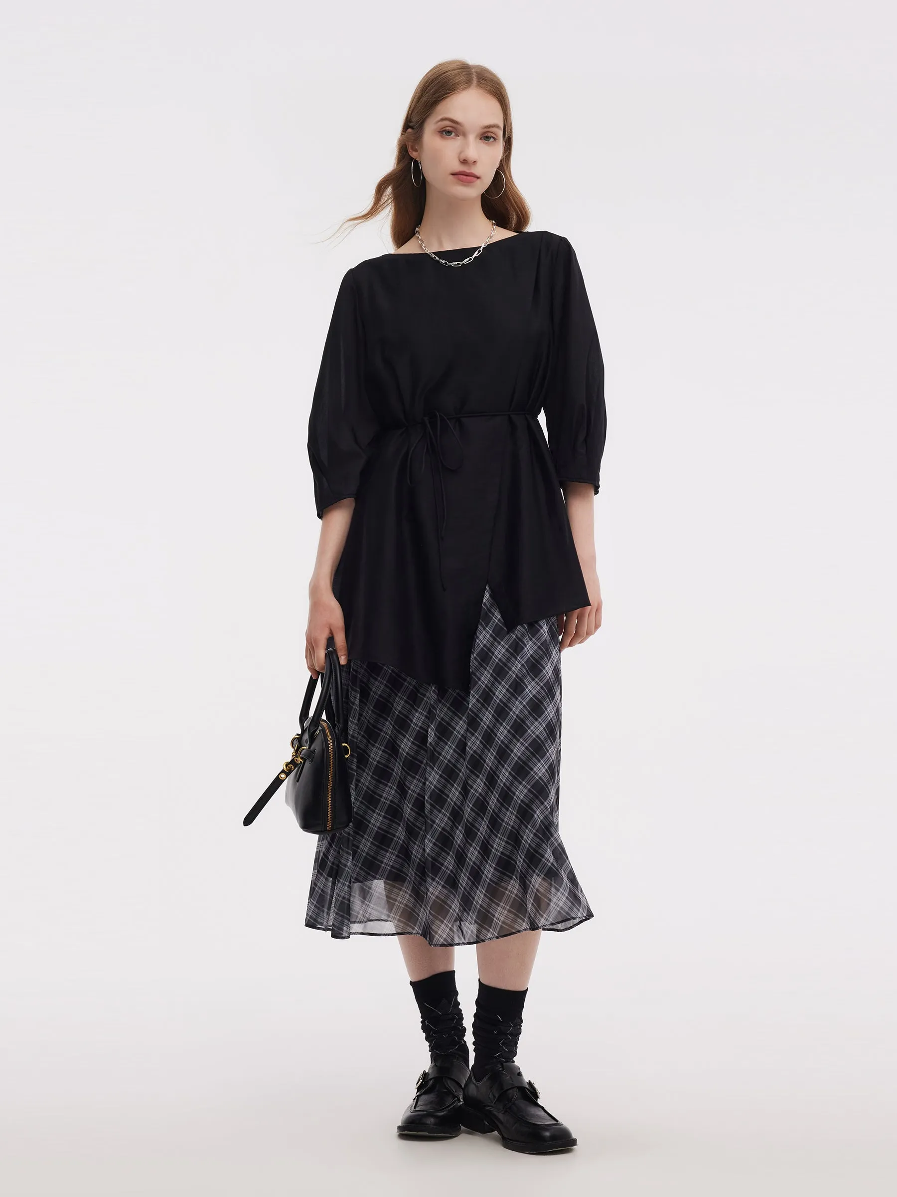 Lyocell Blend Top And Sleeveless Plaid Maxi Dress Two-Piece Set sold by Goelia