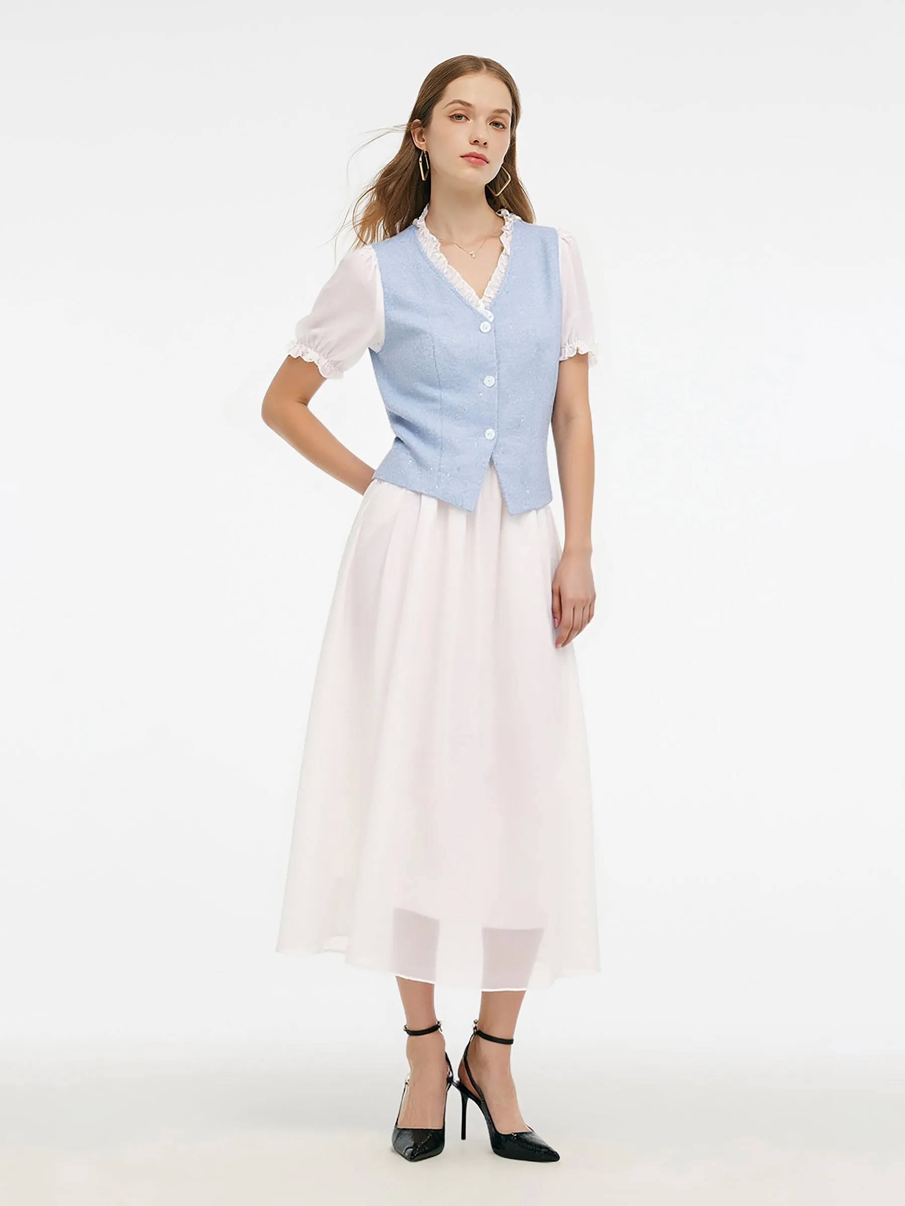 Tweed Sequins Patchwork Crop Jacket And Lyocell Blend Skirt Two-Piece Set sold by Goelia