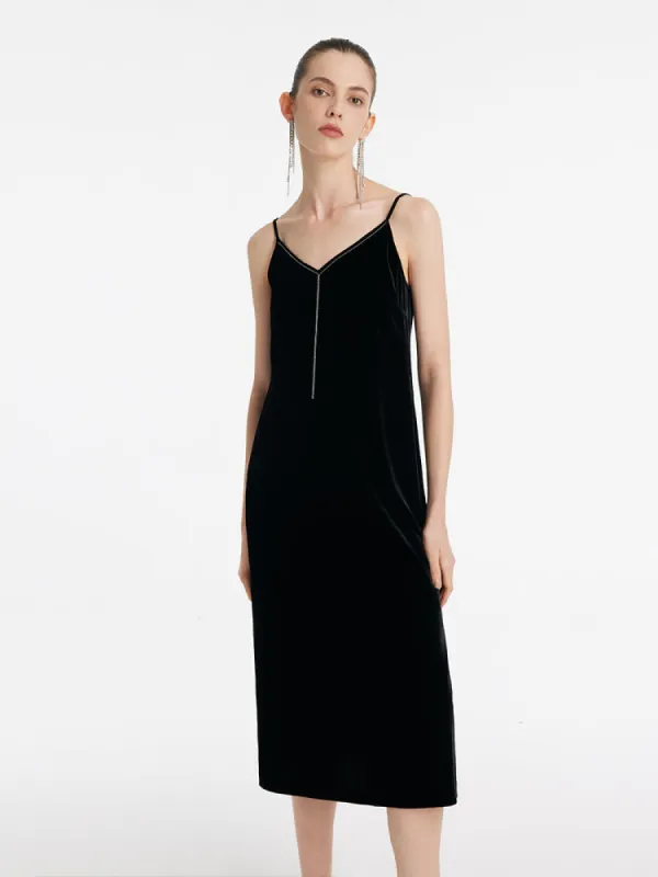 Silk Blend Spaghetti Strap Women Midi Velvet Dress made by Goelia