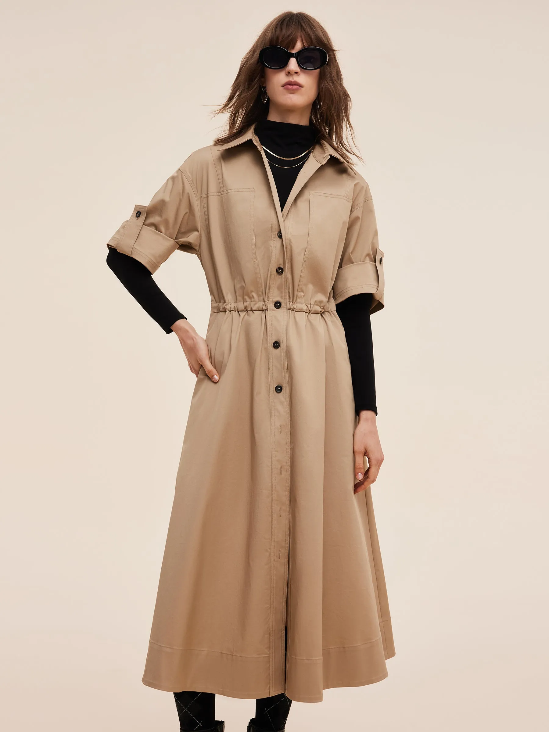 Cotton Drawstring Waist Women Trench Coat sold by Goelia