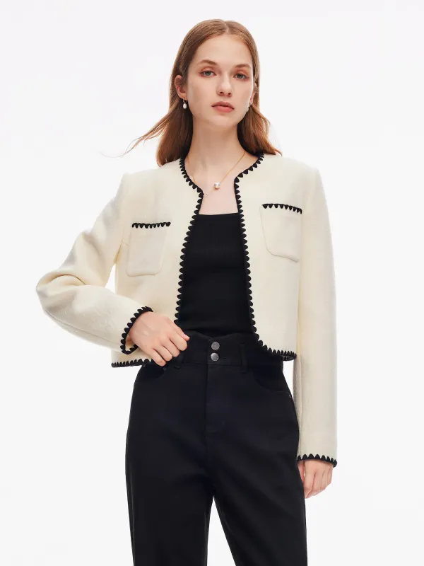 100% Wool Contrast Trim Women Crop Jacket sold by Goelia