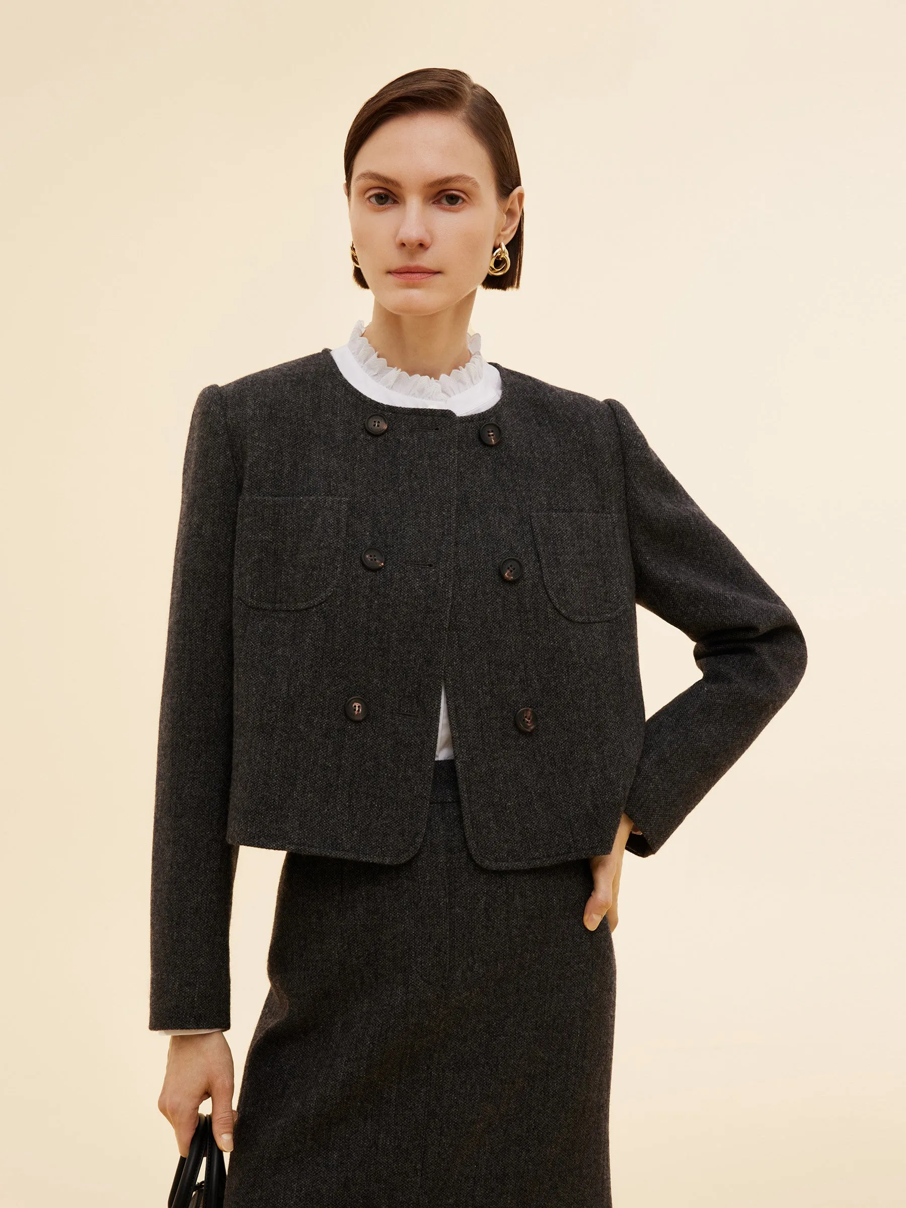 100% Washable Wool Double Breasted Women Crop Jacket sold by Goelia product image thumbnail 3