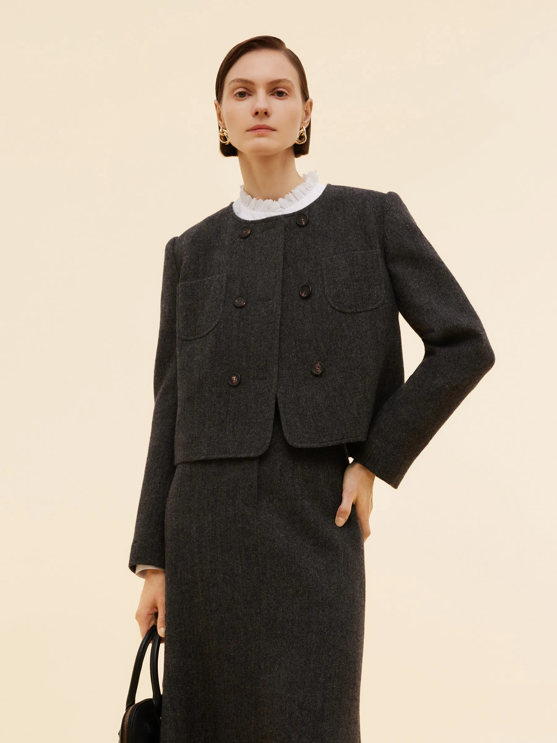 100% Washable Wool Double Breasted Women Crop Jacket sold by Goelia