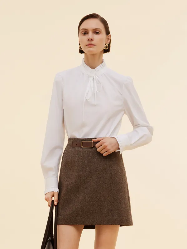 Ruffle Neckline Women Puff Long Sleeve Blouse sold by Goelia