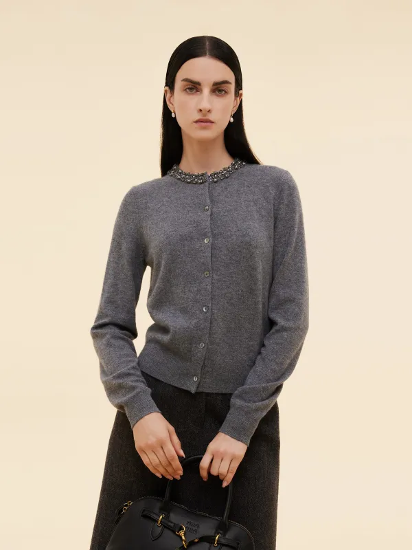 100% Wool Beaded Round Neck Women Cardigan sold by Goelia