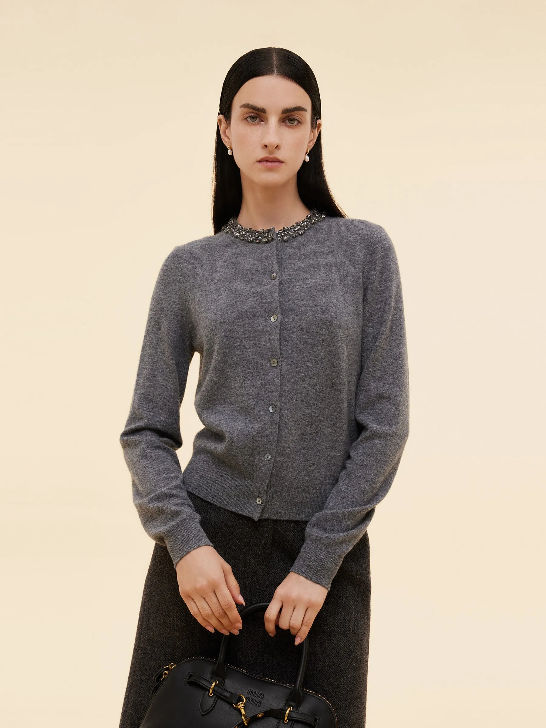 100% Wool Beaded Round Neck Women Cardigan sold by Goelia