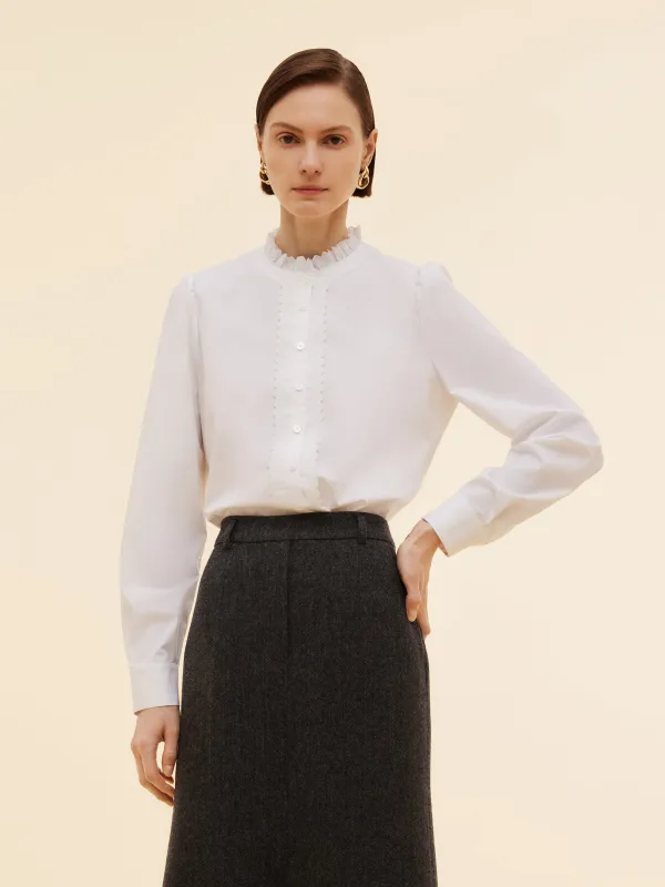 Ruffle Collar Embroidered Placket Women Shirt sold by Goelia