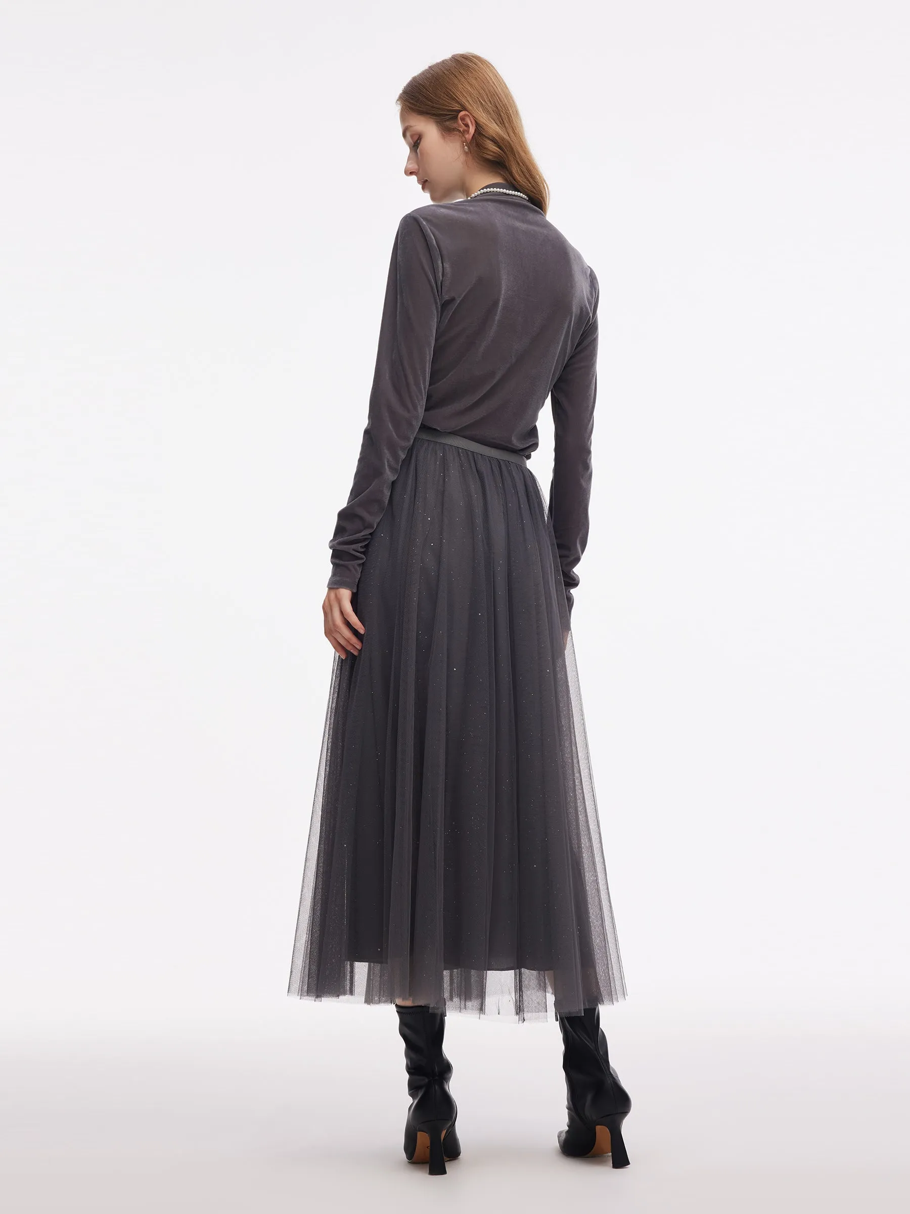 Mesh Elastic Waist Sequins Pleated Women Skirt sold by Goelia product image thumbnail 4