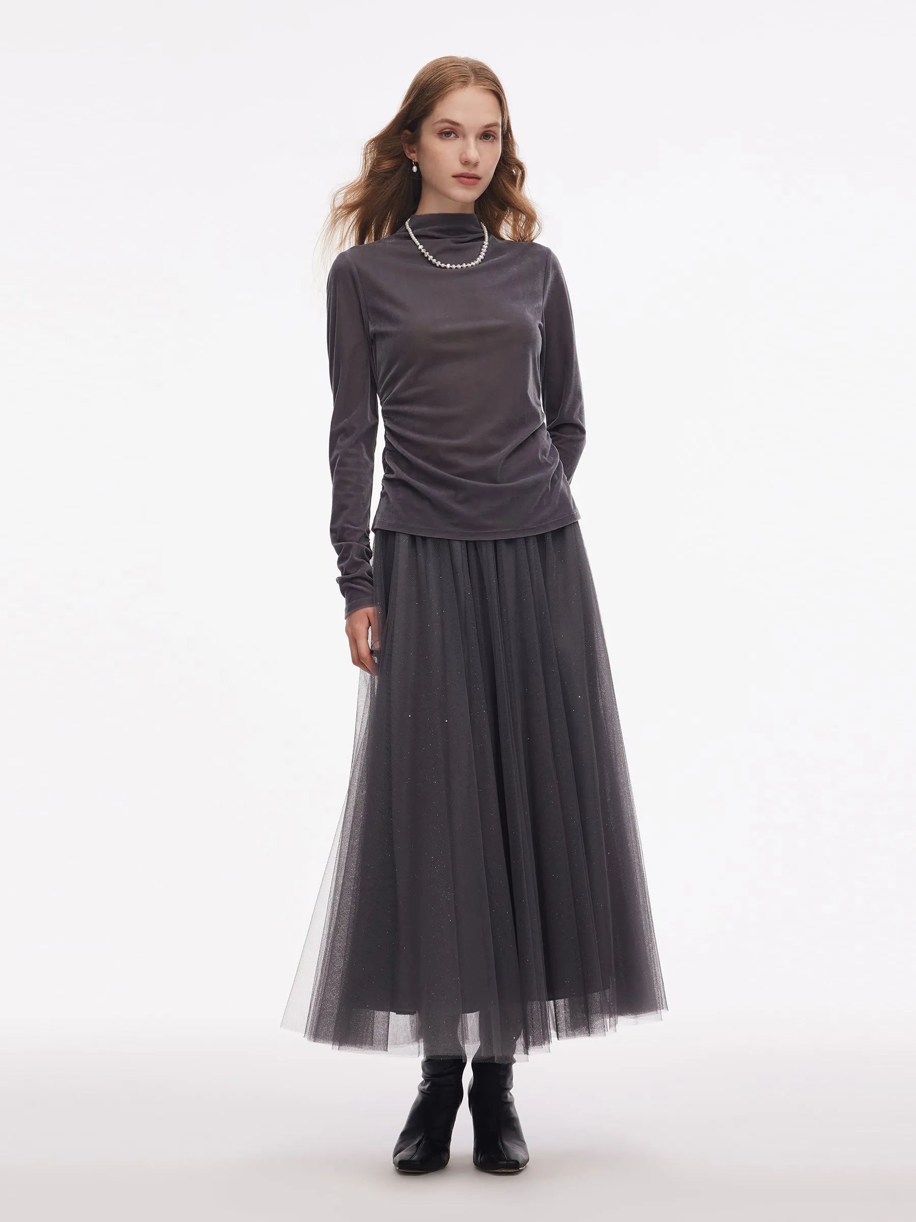 Mesh Elastic Waist Sequins Pleated Women Skirt sold by Goelia product image thumbnail 3
